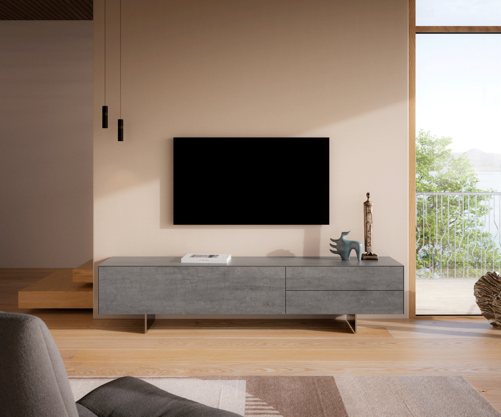 Meuble-TV Cuor 220 cm Céramique Béton gris 1 Clapet 2 Tiroirs Pied optique flottant Ancier inoxydable 2