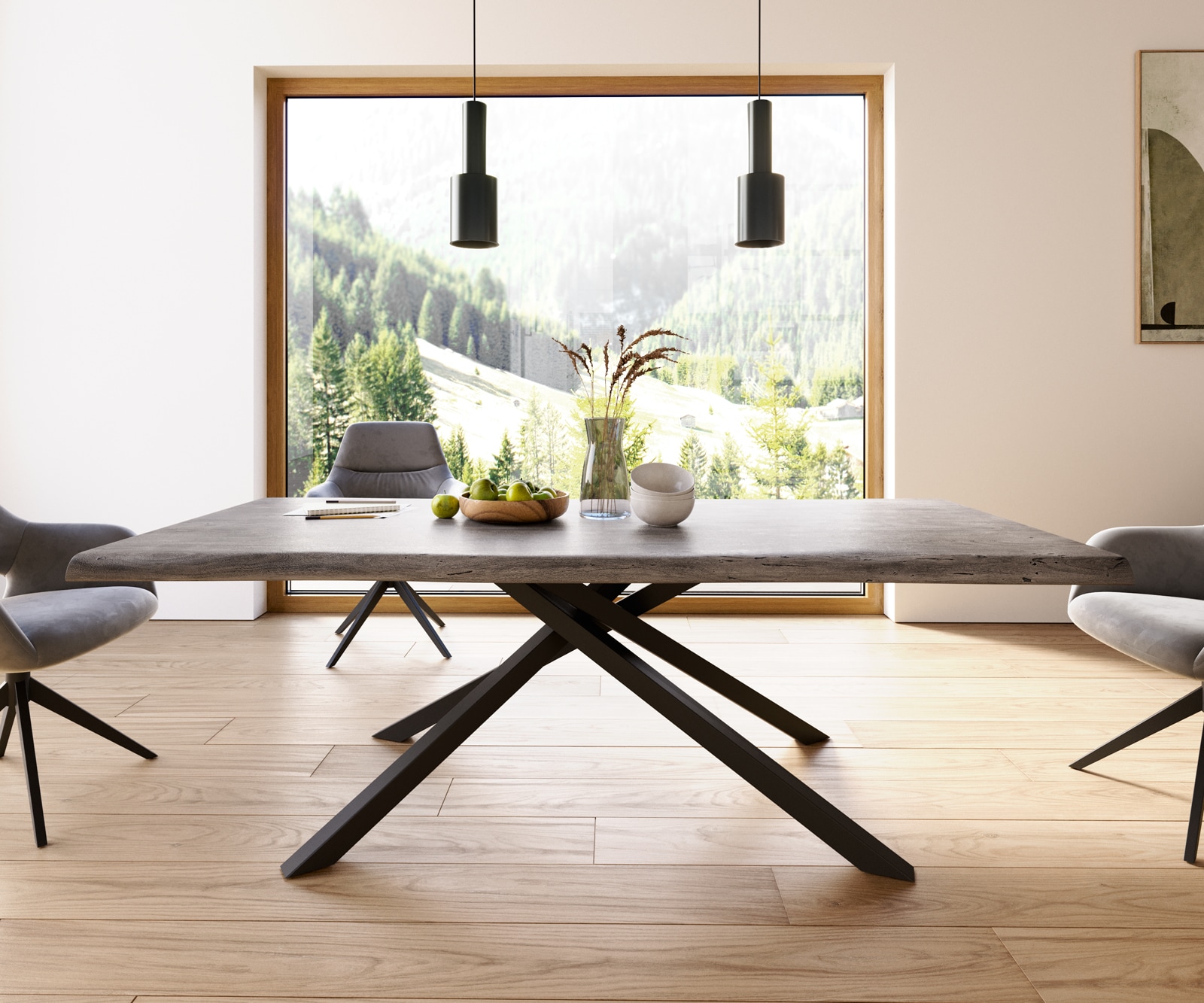 Table à manger Edge 220x100 XL acacia platine cadre croisé rectangle noir Live-Edge 2