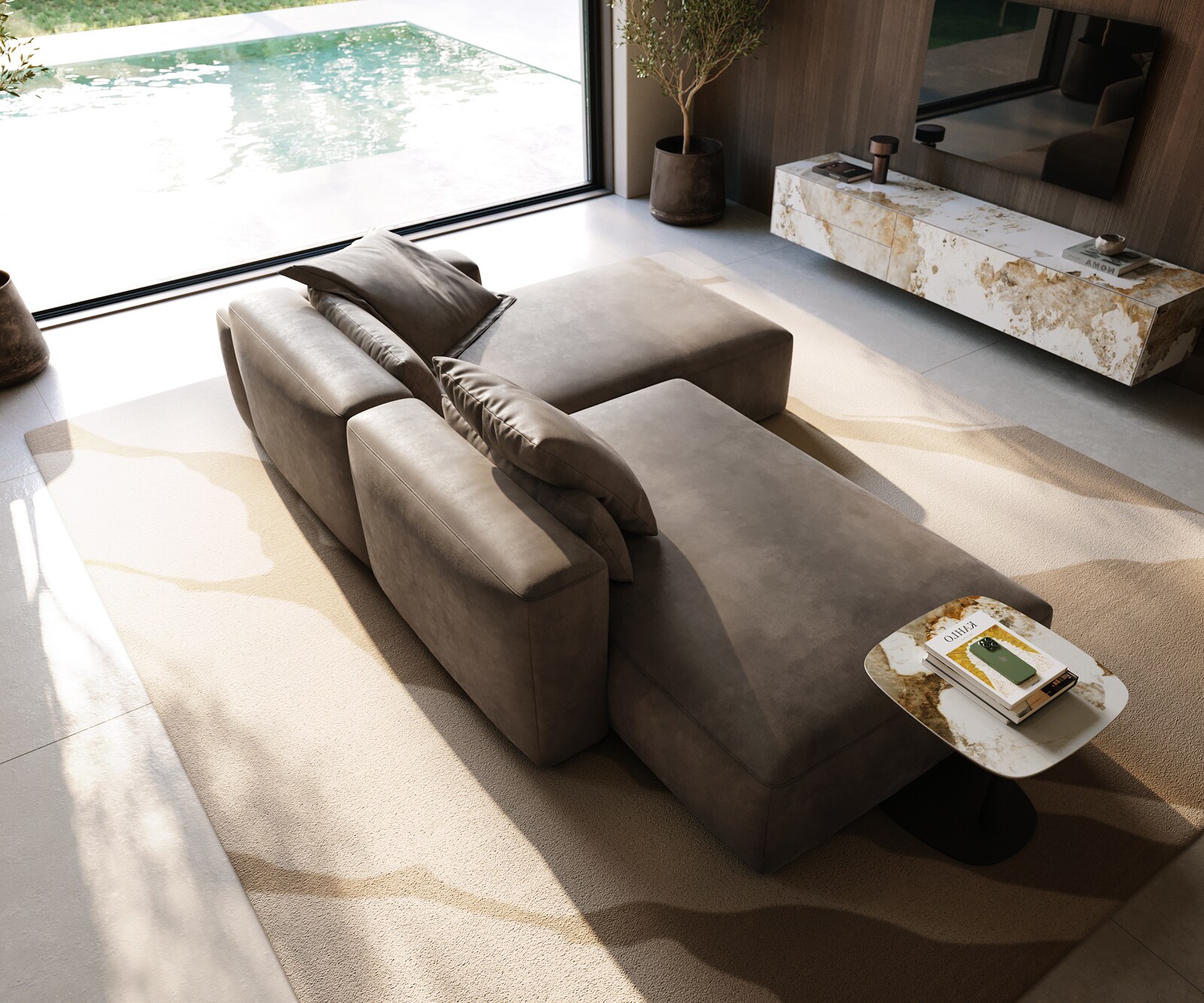 Canapé d'angle Freestyle 310x200 cm Tissu microfibre Taupe Vintage couture plate 3