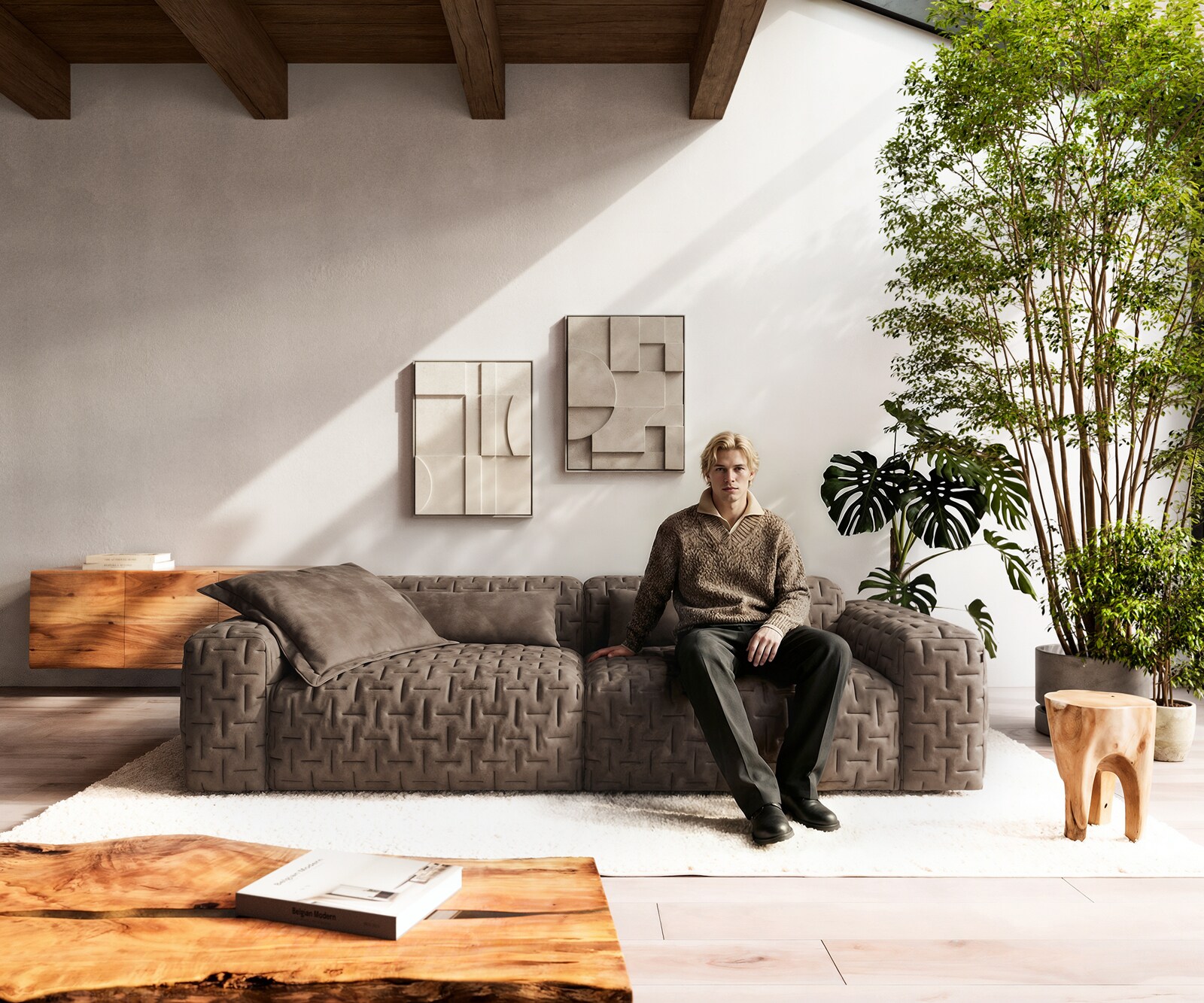 Bigsofa Freestyle 280x110 cm Tissu microfibre Taupe Vintage matelassé 2