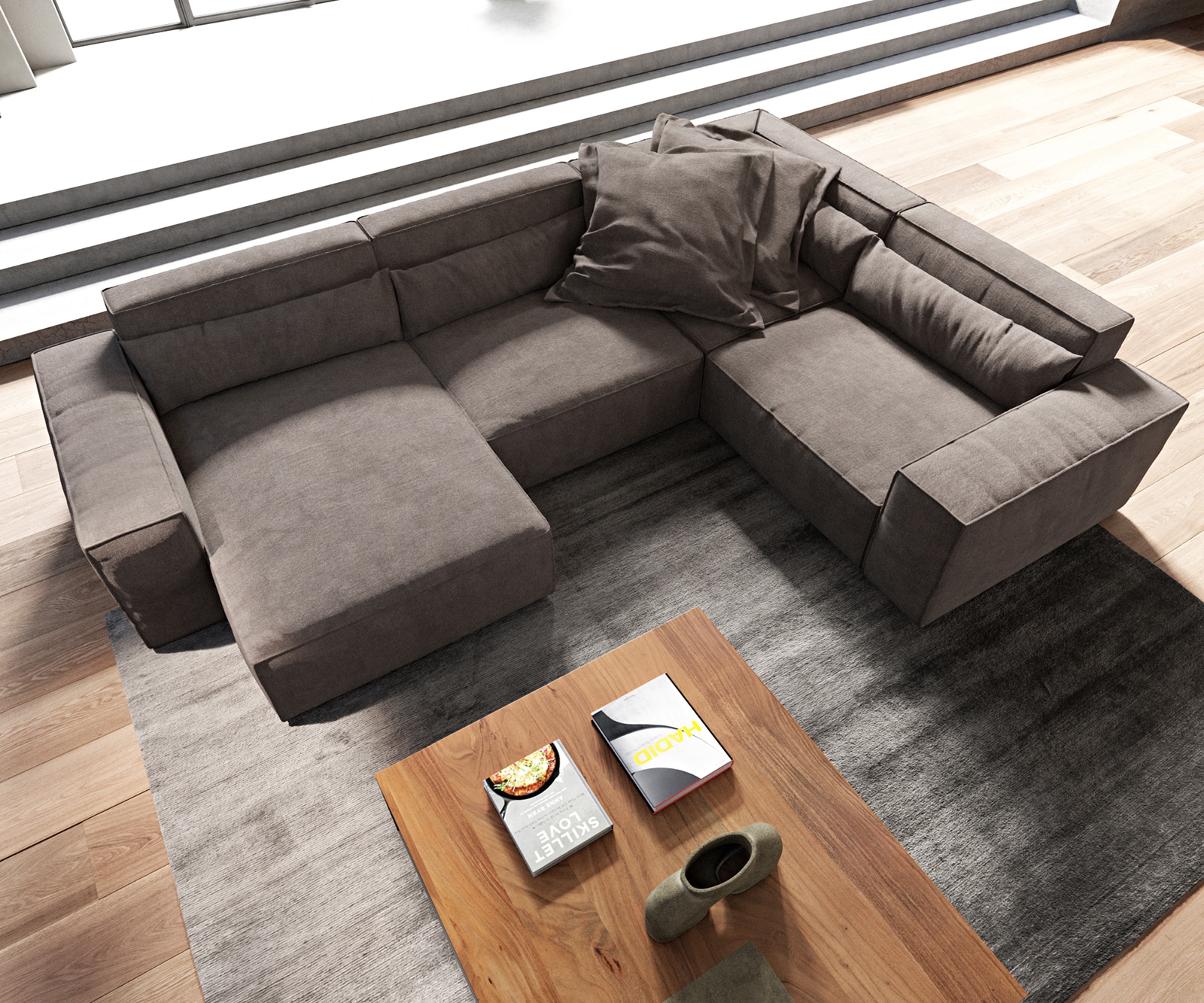 Canapé panoramique Sirpio 300x210 cm Microfibre Marron Kaki Recamiere variable 4