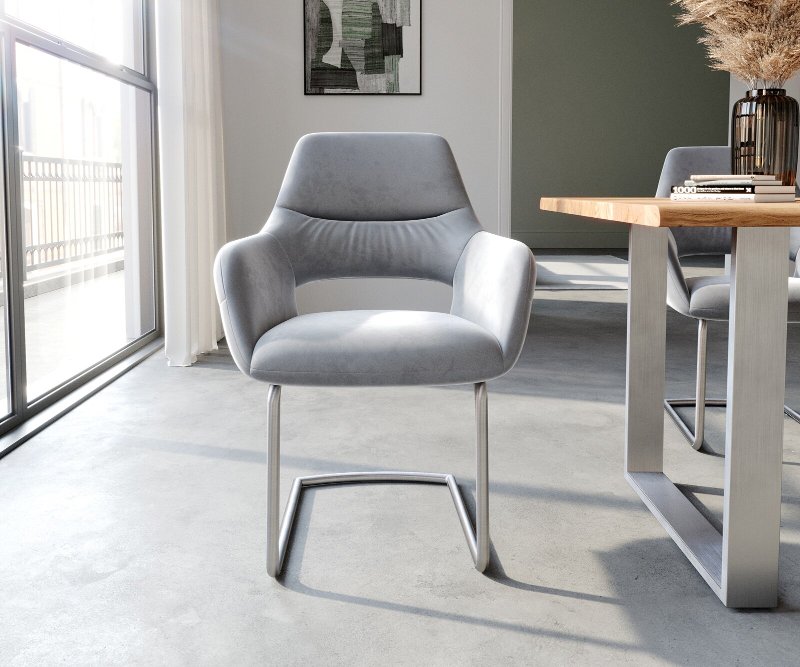 Cantilever Yago-Flex avec accoudoirs velours gris pied cantilever rond acier inoxydable brossé ressorts ensachés 1 Cantilever Yago-Flex avec accoudoirs velours gris pied cantilever rond acier inoxydable brossé ressorts ensachés 1