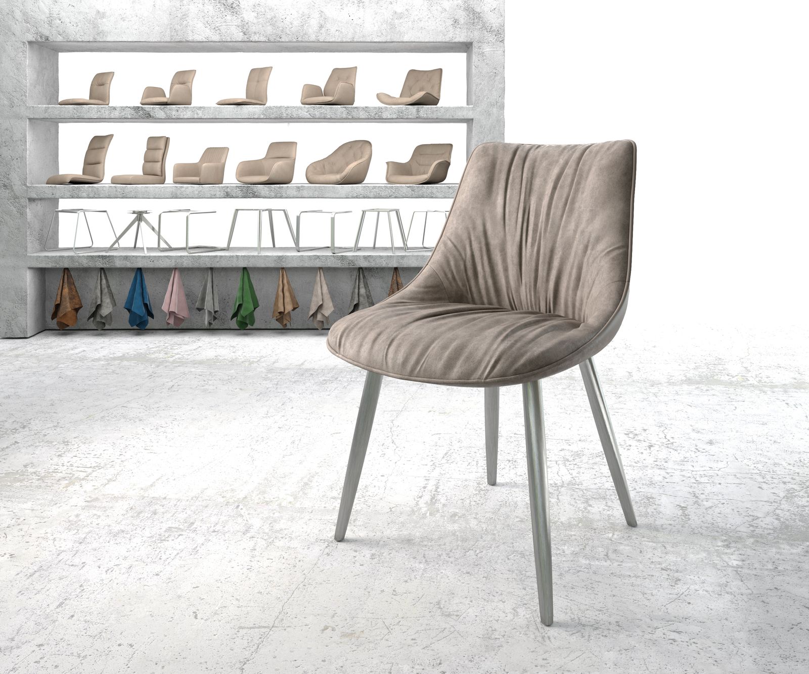 Chaise-de -salle-à-manger Elda-Flex taupe vintage 4-pieds conique acier inoxydable