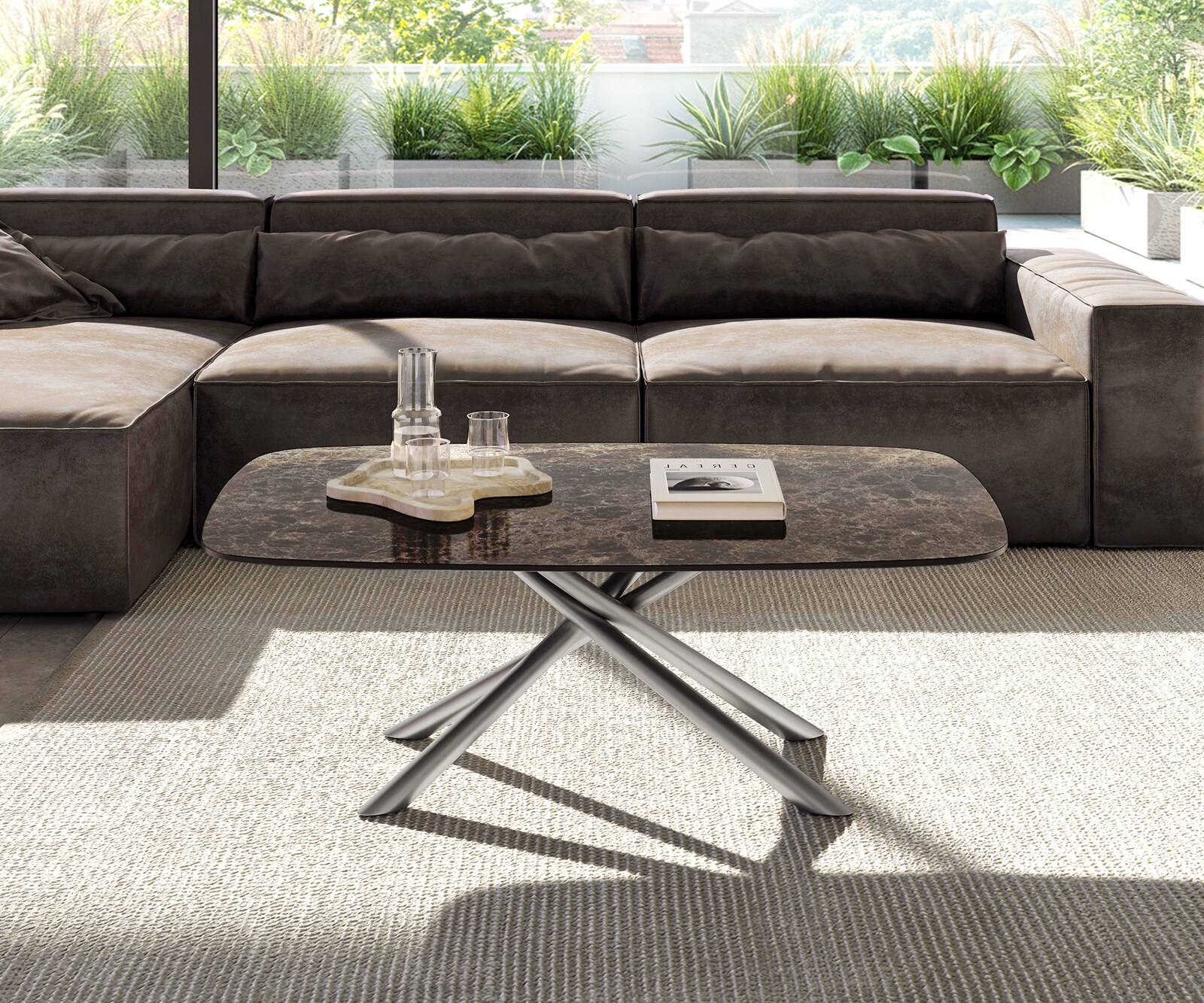 Table basse Edge Boot 120x70 cm céramique Laminam® Emperador Extra Lucidato brun foncé Sarity acier inoxydable brossé 2