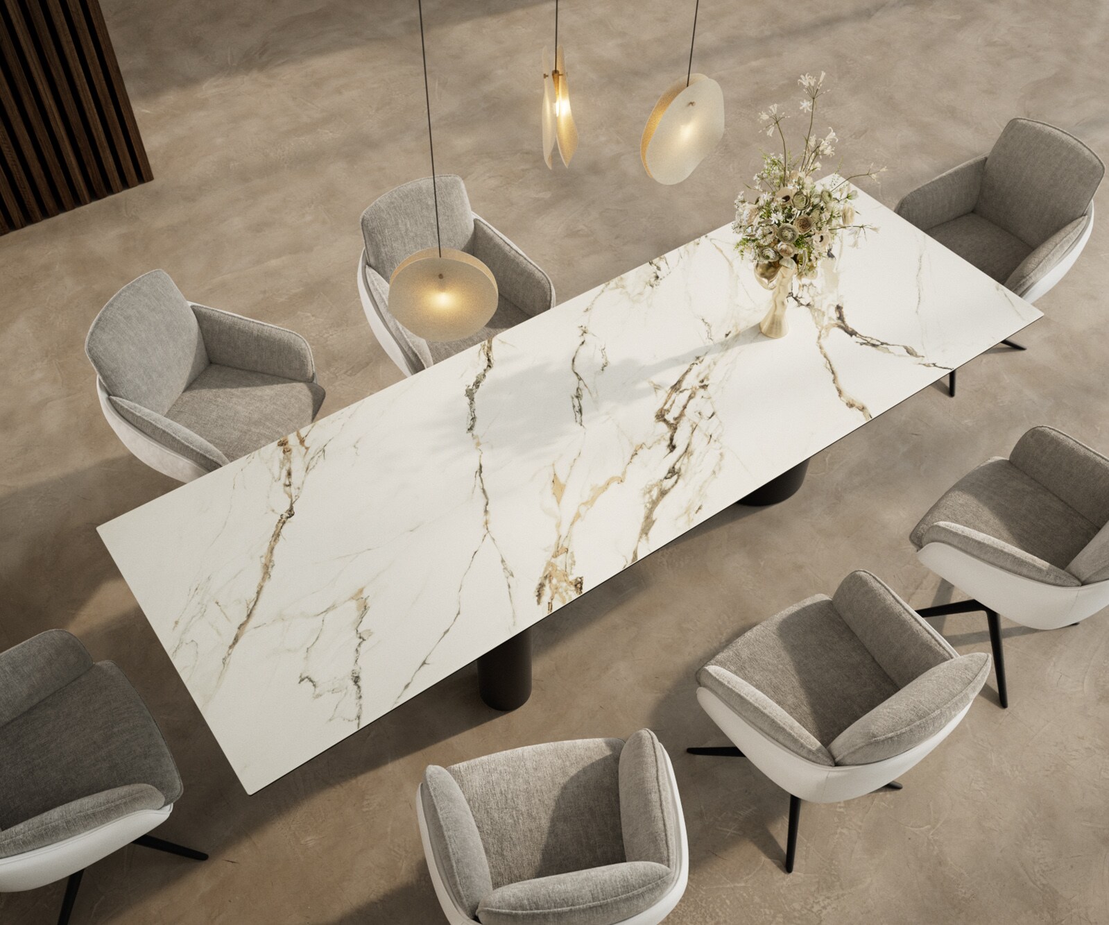 Table à manger Edge 300x100 céramique Calacatta Luxe blanc-doré-gris Troa métal noir 3