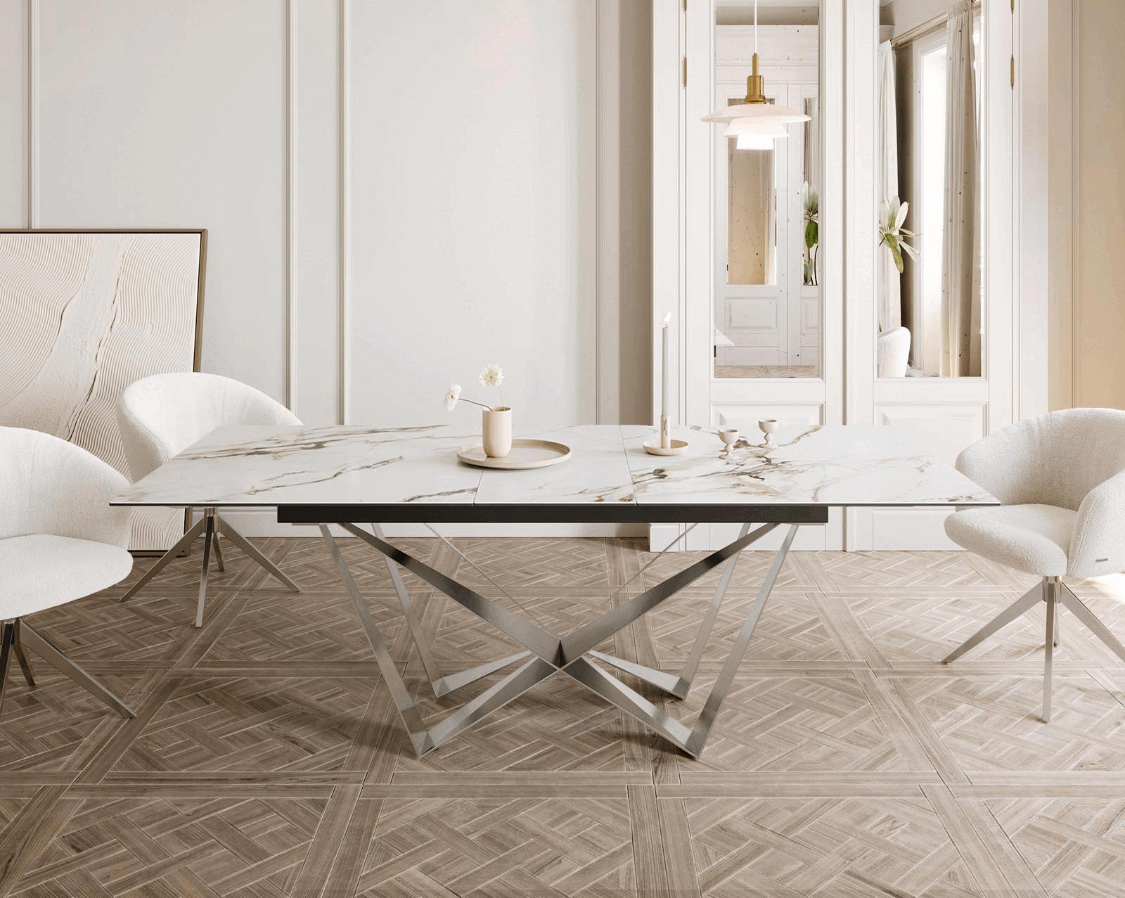 Table à manger Edge 180-220x100 céramique Calacatta Luxe blanc-doré-gris Spider acier plat acier inoxydable extensible