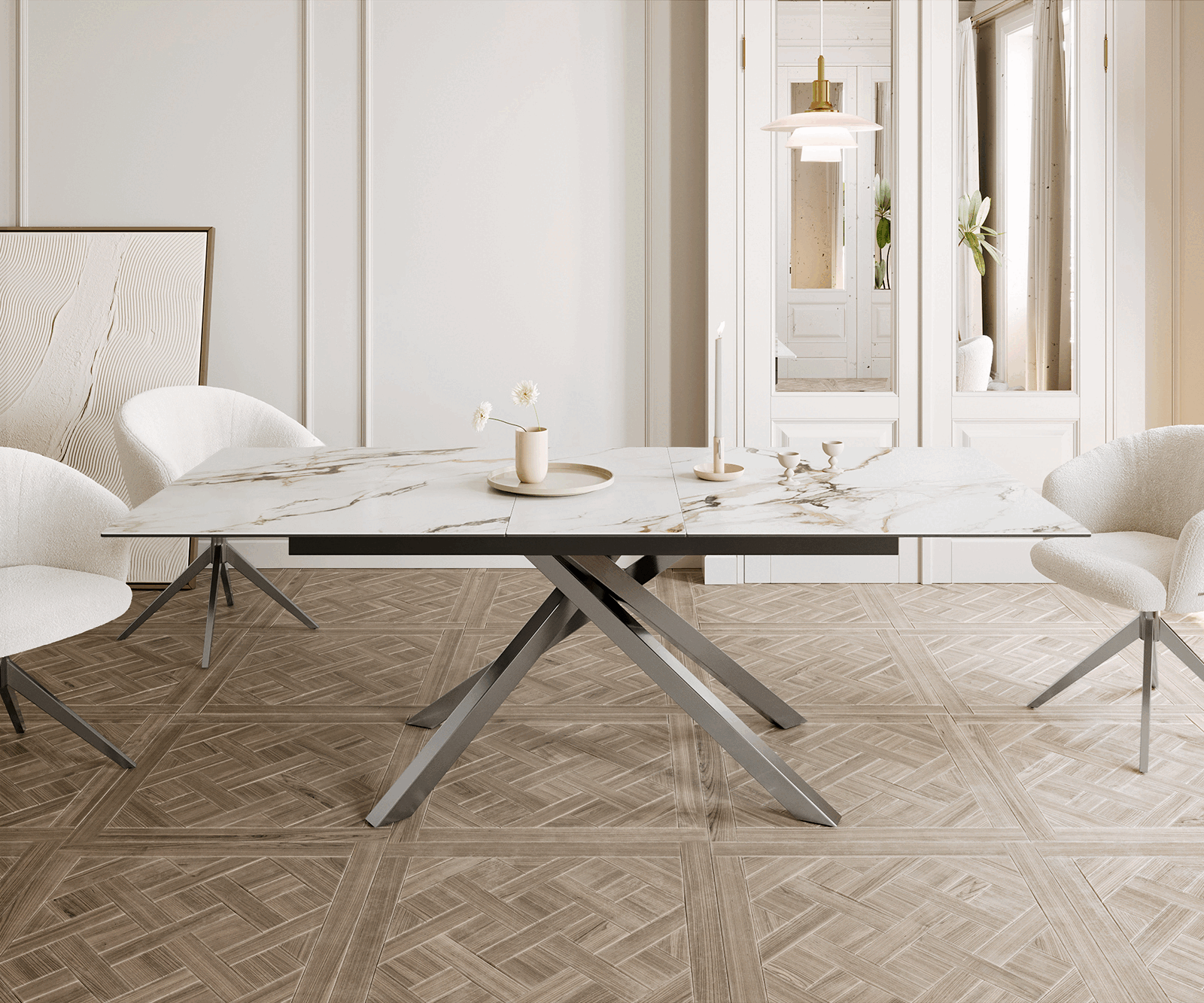 Table à manger Edge 180-220x100 céramique Calacatta Luxe blanc-doré-gris cadre croisé rectangulaire acier inoxydable extensible 1