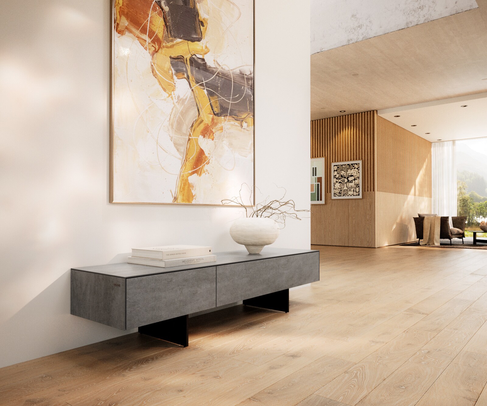 Meuble-TV Cuor 150 cm Céramique Béton gris 1 Clapet 1 Tiroir Pied optique flottant Métal Noir 1