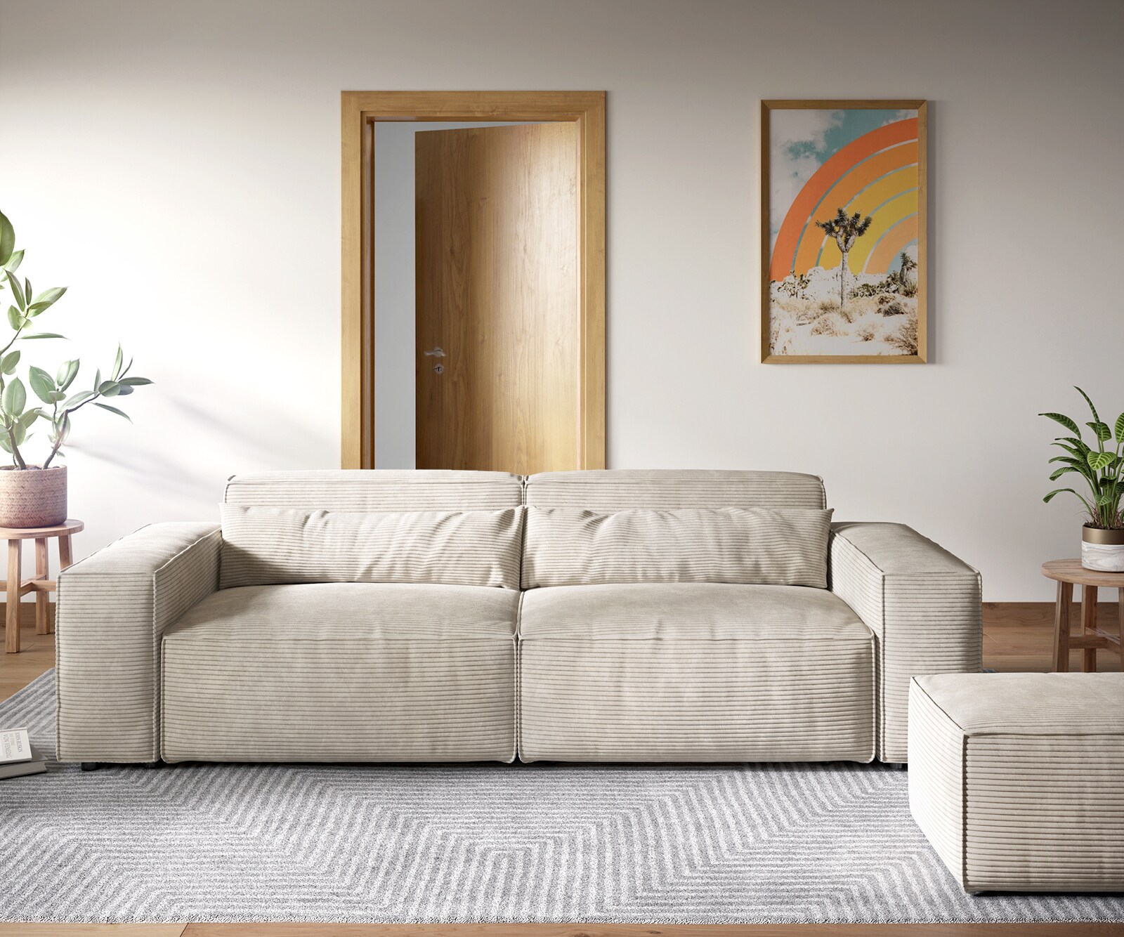 Grand Canapé Sirpio XL 270x130 cm Velours côtelé Beige avec Tabouret 1