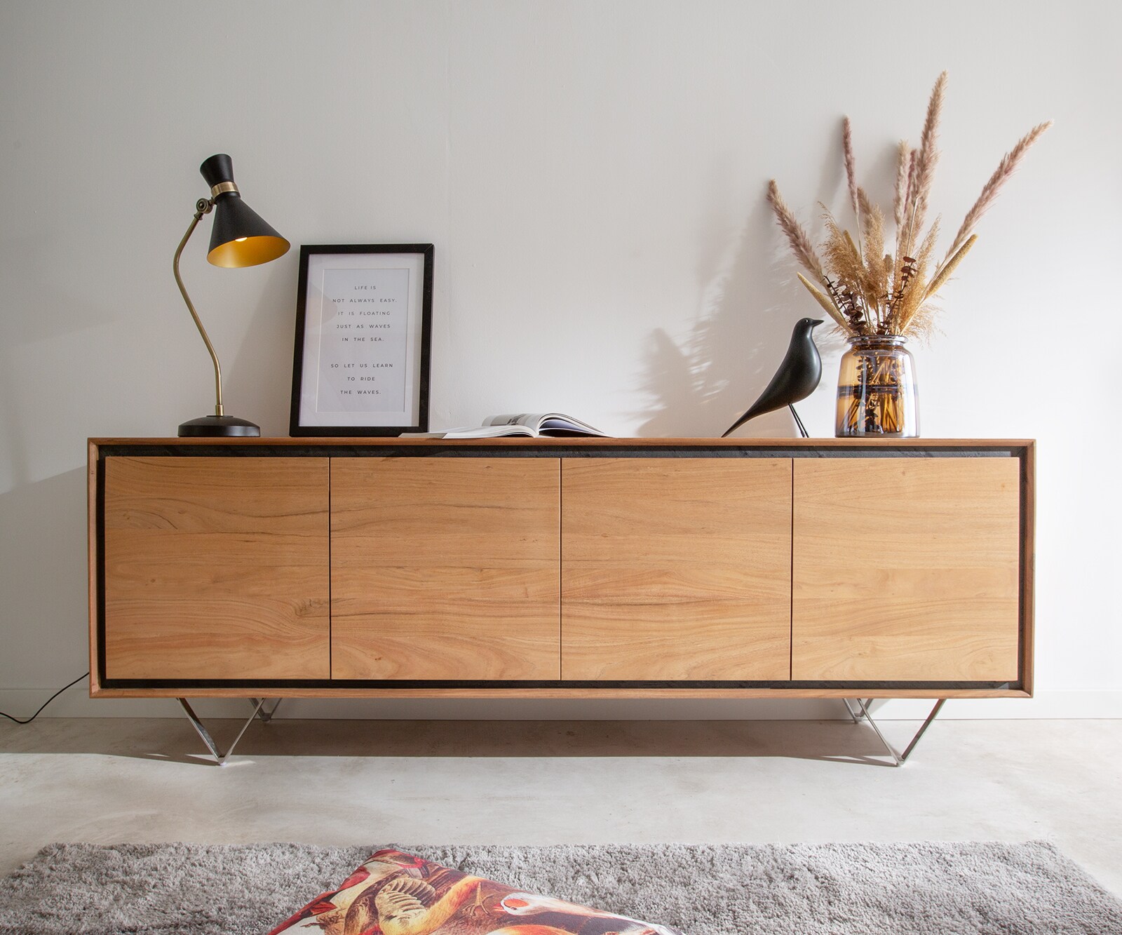 Buffet Stonegrace 200 cm acacia nature 4 portes placage en pierre pieds en V 1