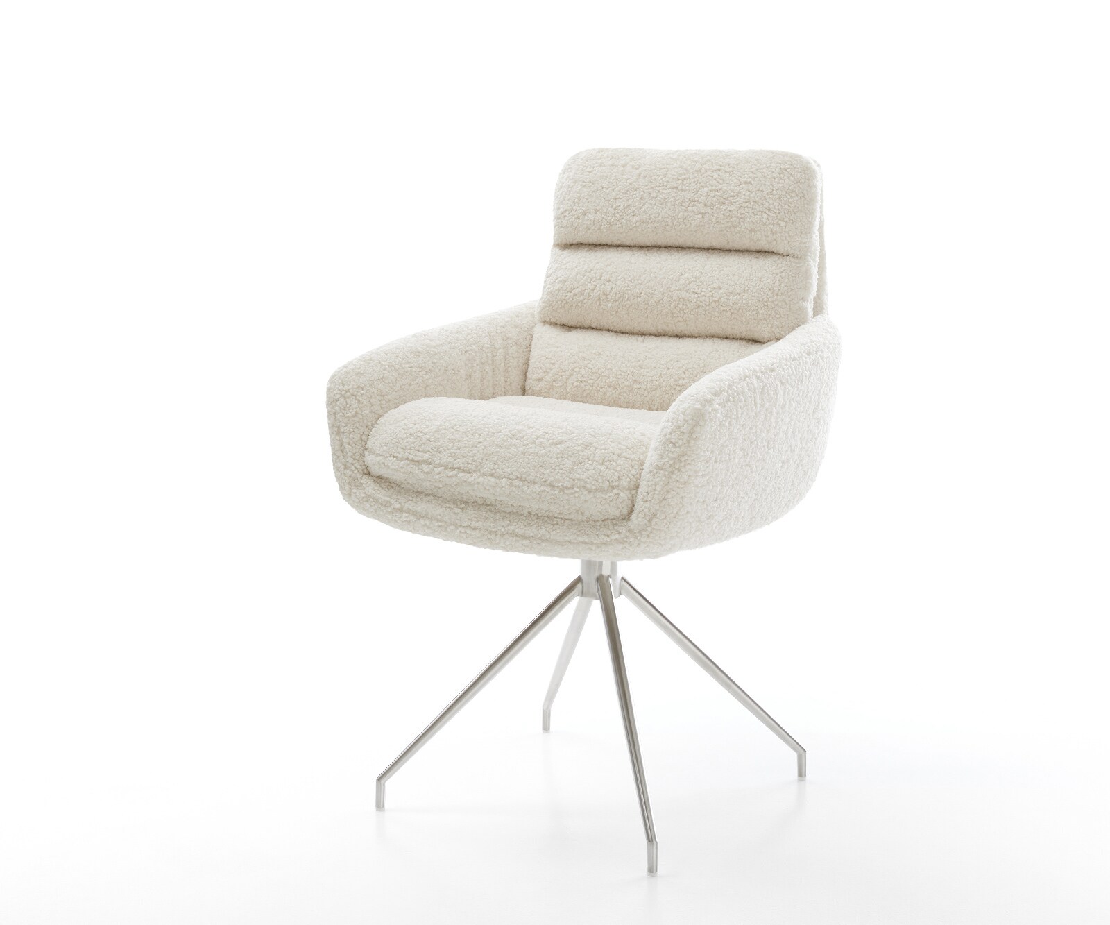 Chaise-de-salle-à-manger Abelia-Flex avec accoudoirs tissu teddy beige pied croisé conique acier inoxydable 1