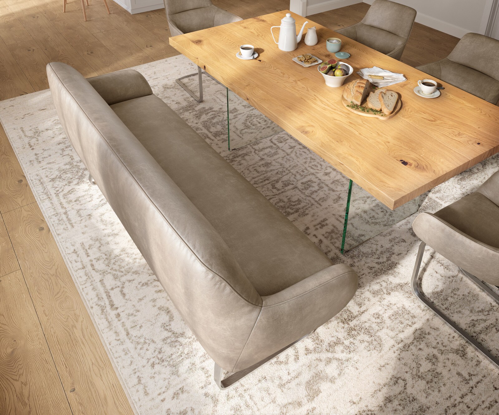 Banc-de-salle-à-manger Taya-Flex 200 cm microfibre beige vintage châssis à patins plat acier inoxydable ressort ensaché 3