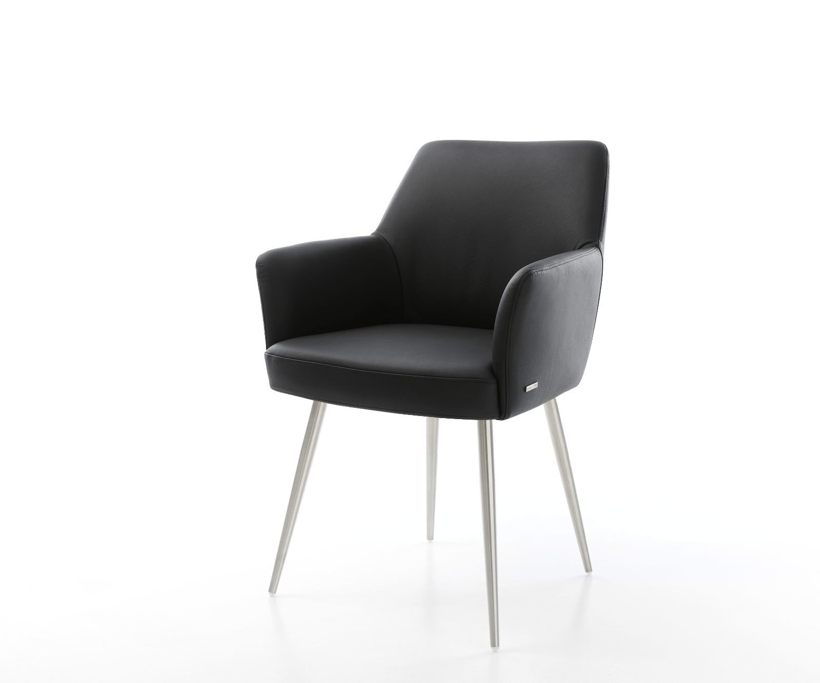 Chaise-de-salle-à-manger Xana-Flex avec accoudoirs cuir de vache noir 4 pieds coniques acier inoxydable brossé ressorts ensachés