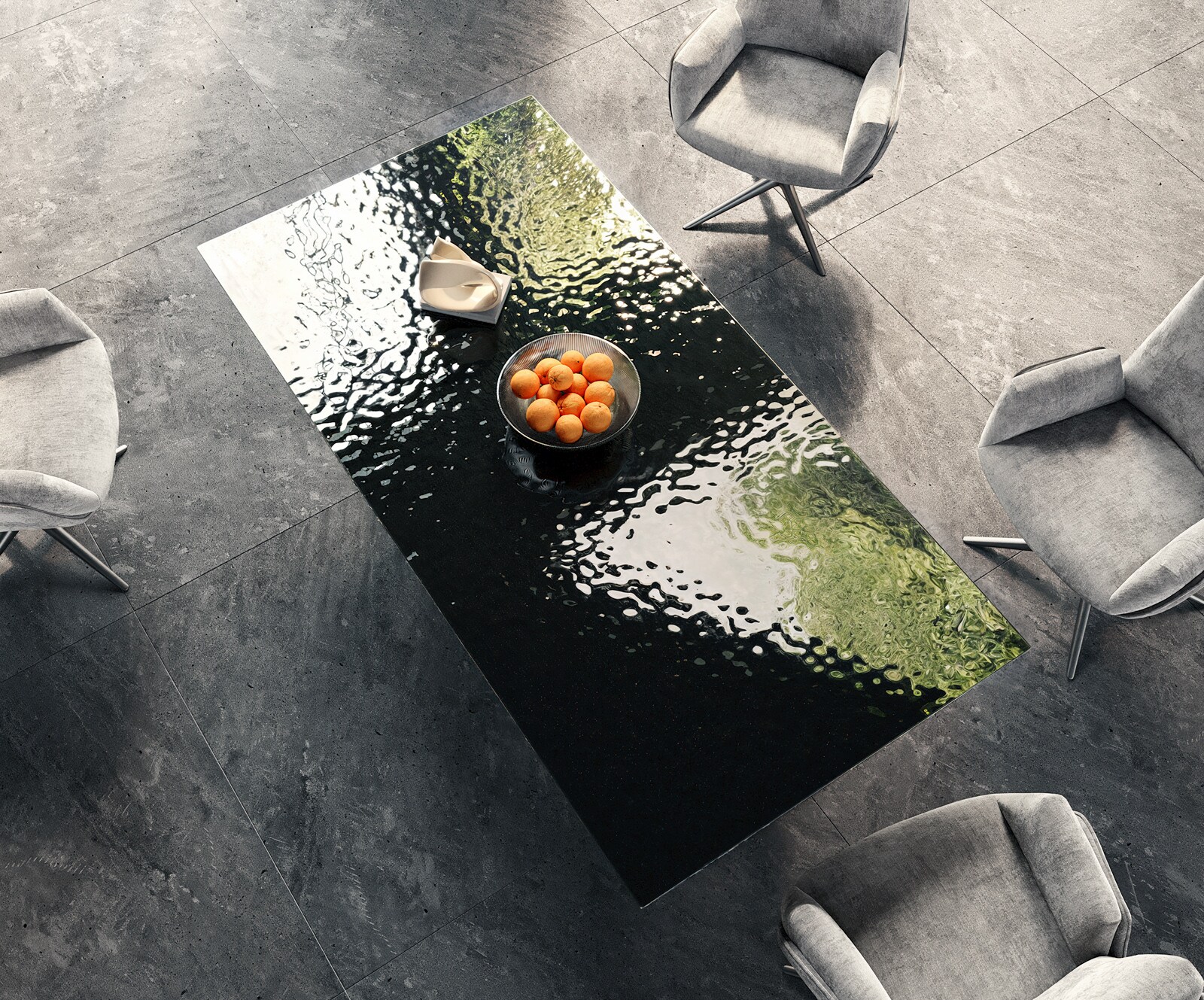 Table à manger Edge 200x100 verre fondu noir fumé relief en 3D acier inoxydable incliné 4