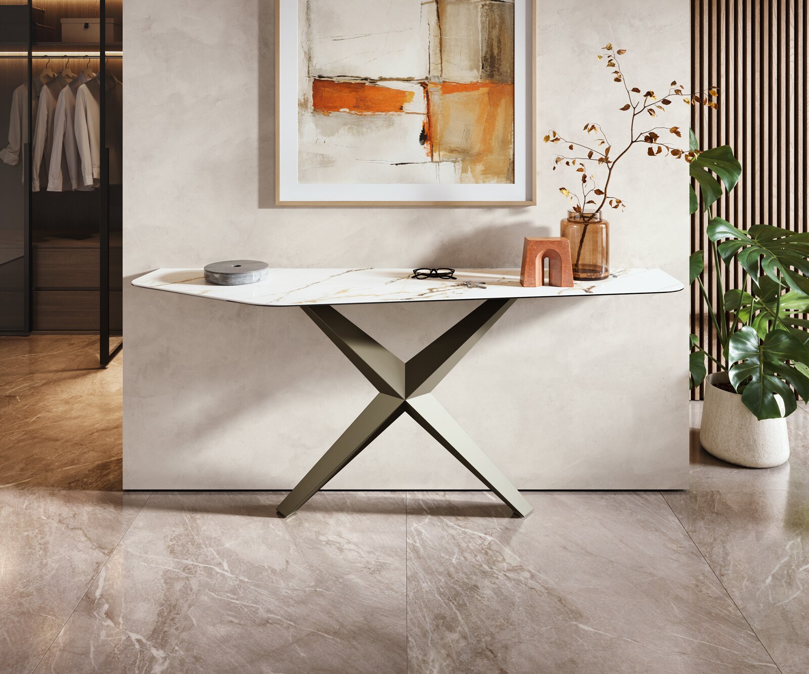 Console Edge Polygonal 180x50 cm Céramique Calacatta Luxe Weiß-Gold-Gris Zentharo Métal Effektfinish Titan 4