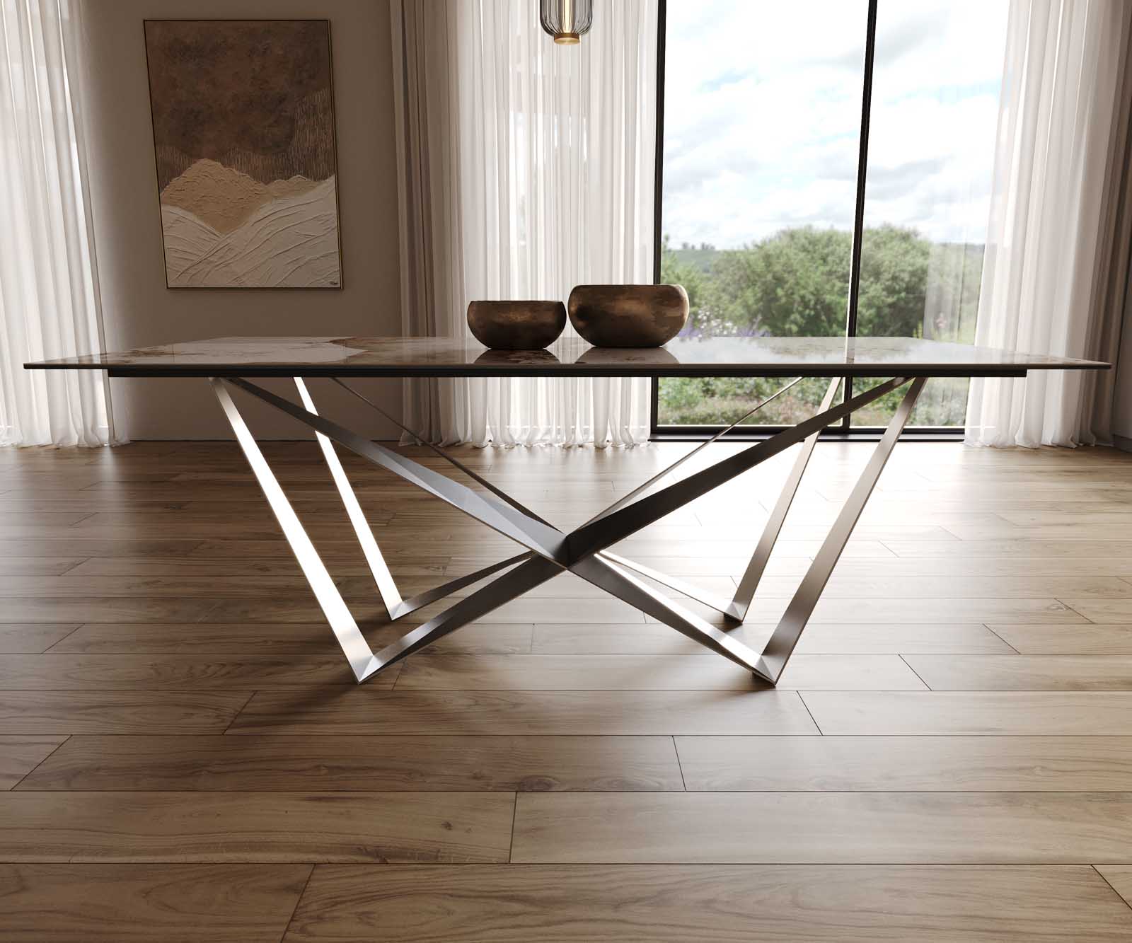 Table à manger Edge 200x100 céramique Minas mélange blanc-beige Spider acier plat acier inoxydable 8