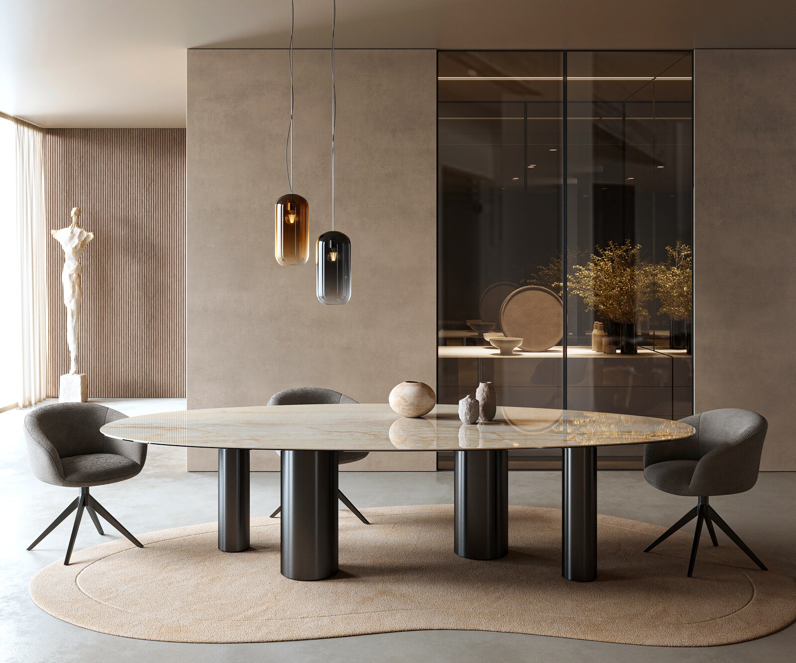 Table à manger Edge Oval 315x150 cm Céramique Iris FMG Onice Oro Pilier Métal Noir 2