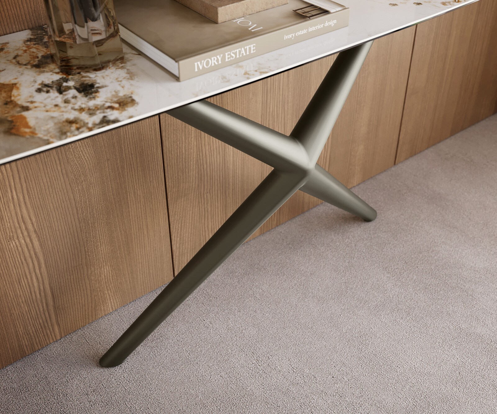 Console Edge forme bateau 180x40 cm Céramique Minas Melange Weiß-Beige Estelo Métal Effektfinish Titan 6