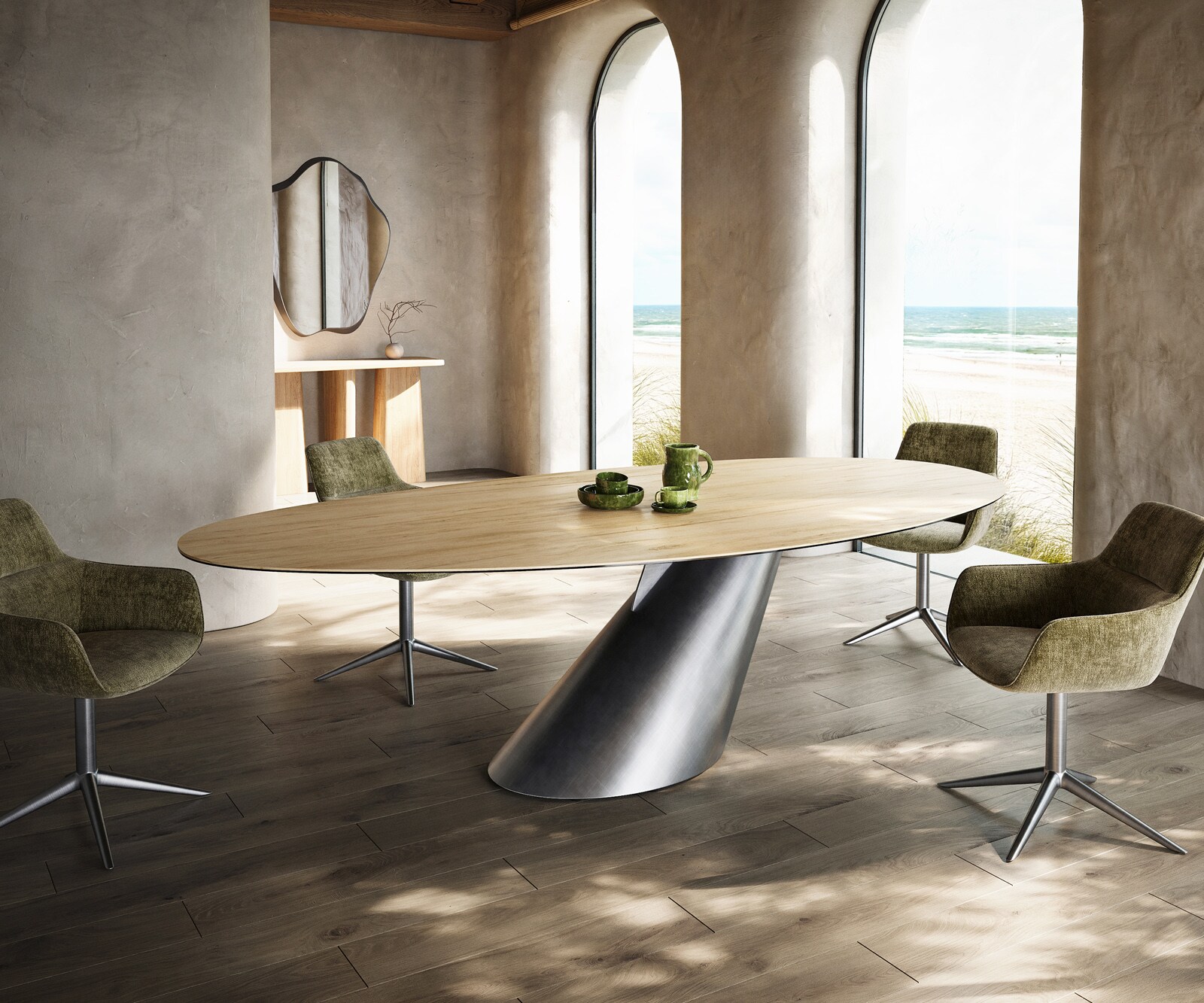 Table à manger Edge ovalee 280x130 céramique Laminam® Sabbia chêne coloré Cono métallique argent 1