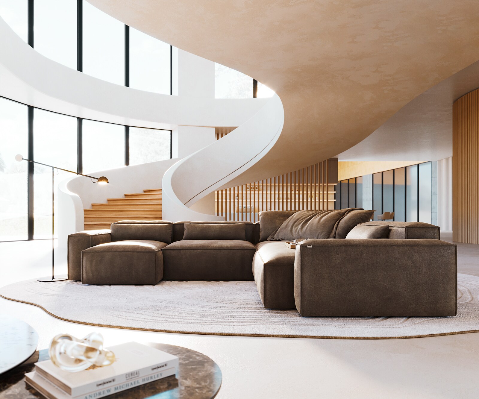 Canapé panoramique Freestyle 360x290 cm Tissu microfibre Taupe Vintage couture passepoilée 1