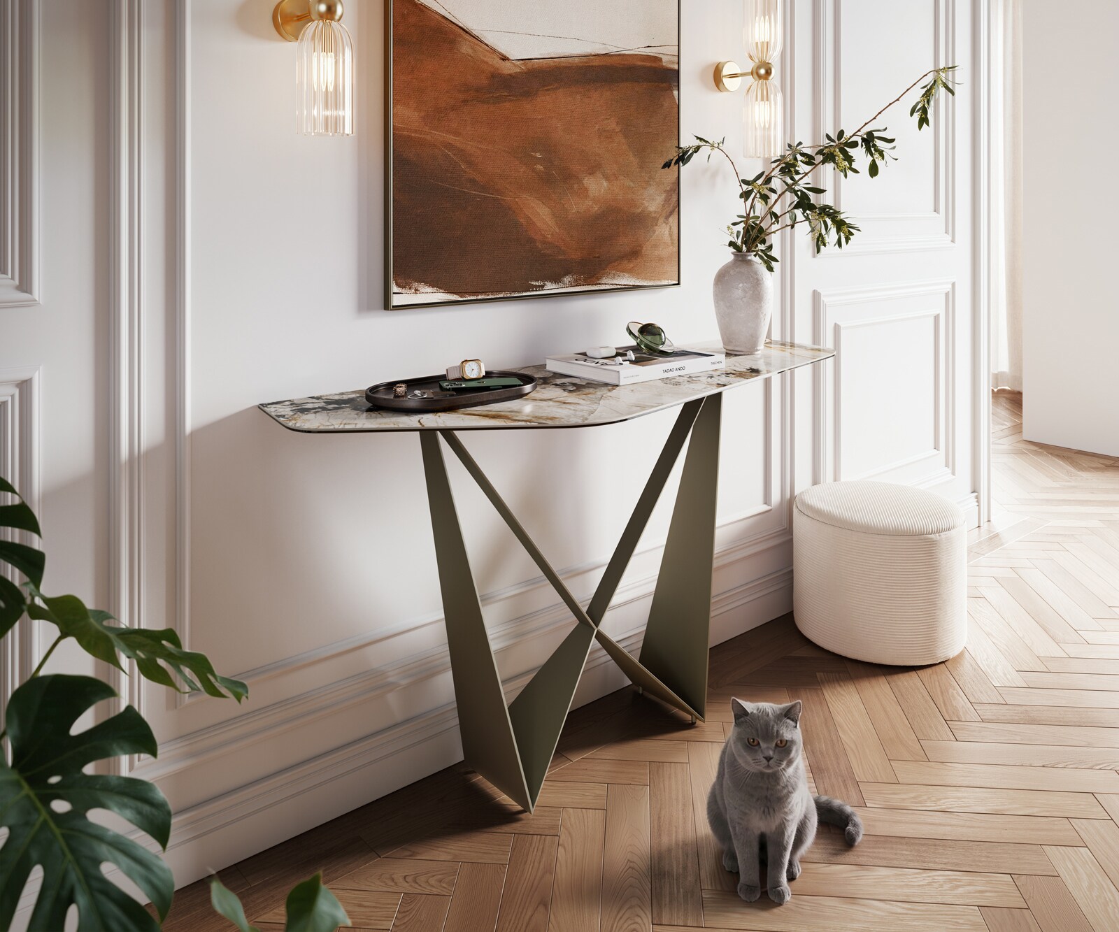 Console Edge Polygonal 140x50 cm Céramique Patagonia Poliert Spios Métal Effektfinish Titan