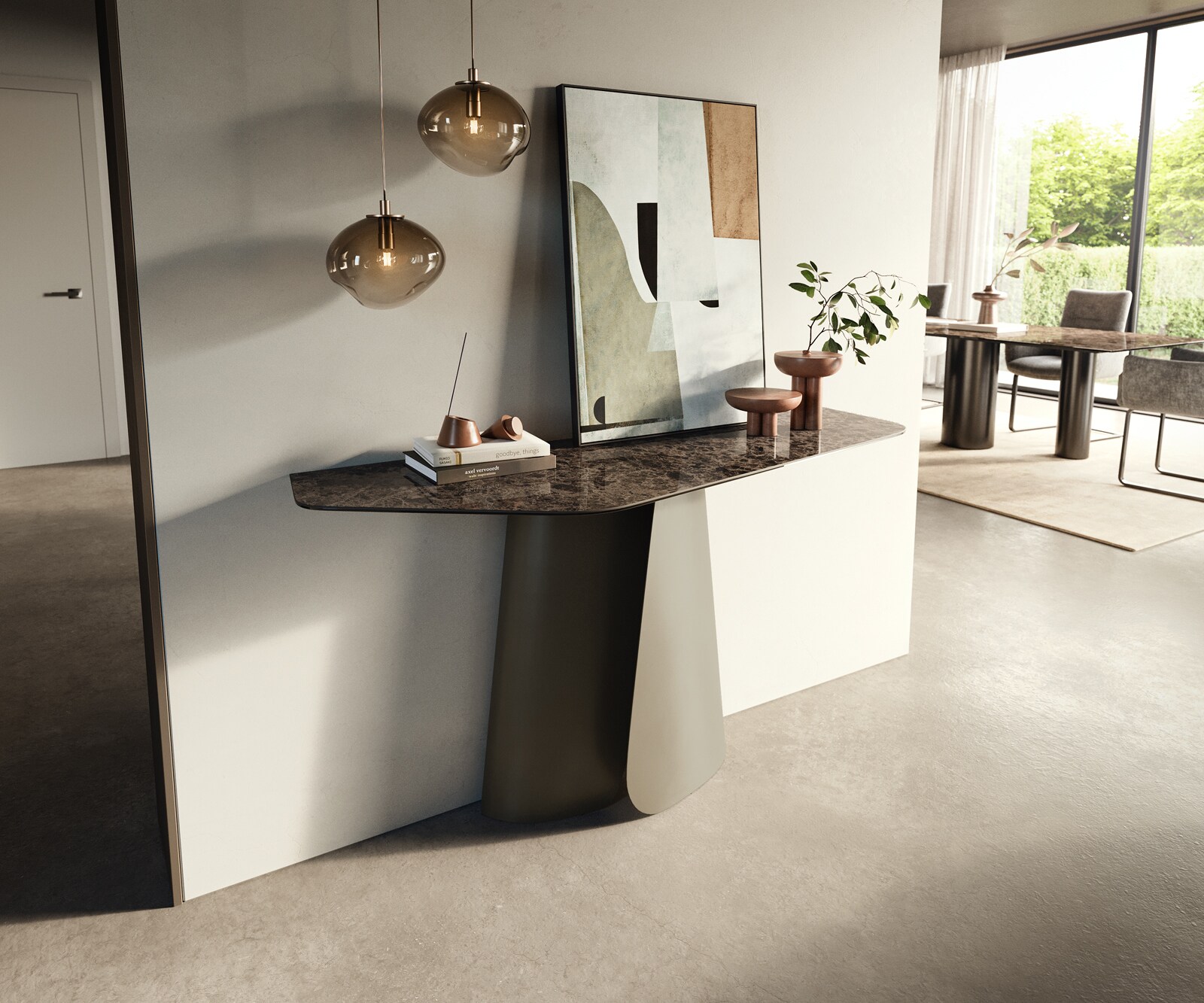 Console Edge Polygonal 140x50 cm Céramique Emperador Extra Lucidato Dunkelbraun Livos Métal Effektfinish Titan 3