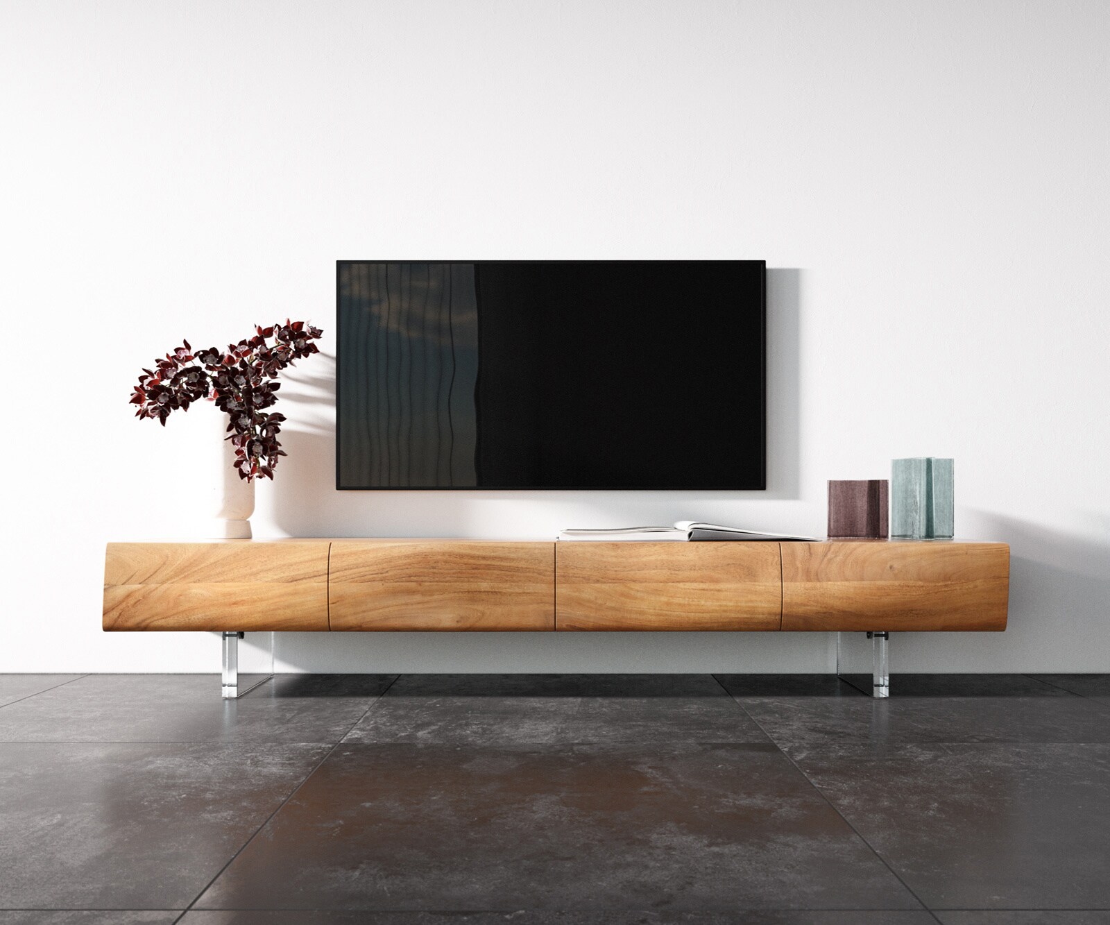 Meuble TV New Live-Edge 200 cm acacia naturel 4 portes pied acrylique 3
