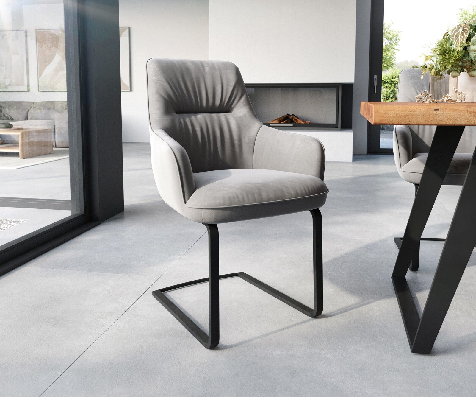 Cantilever Zelia-Flex avec accoudoirs velours gris pied cantilever plat noir ressorts ensachés