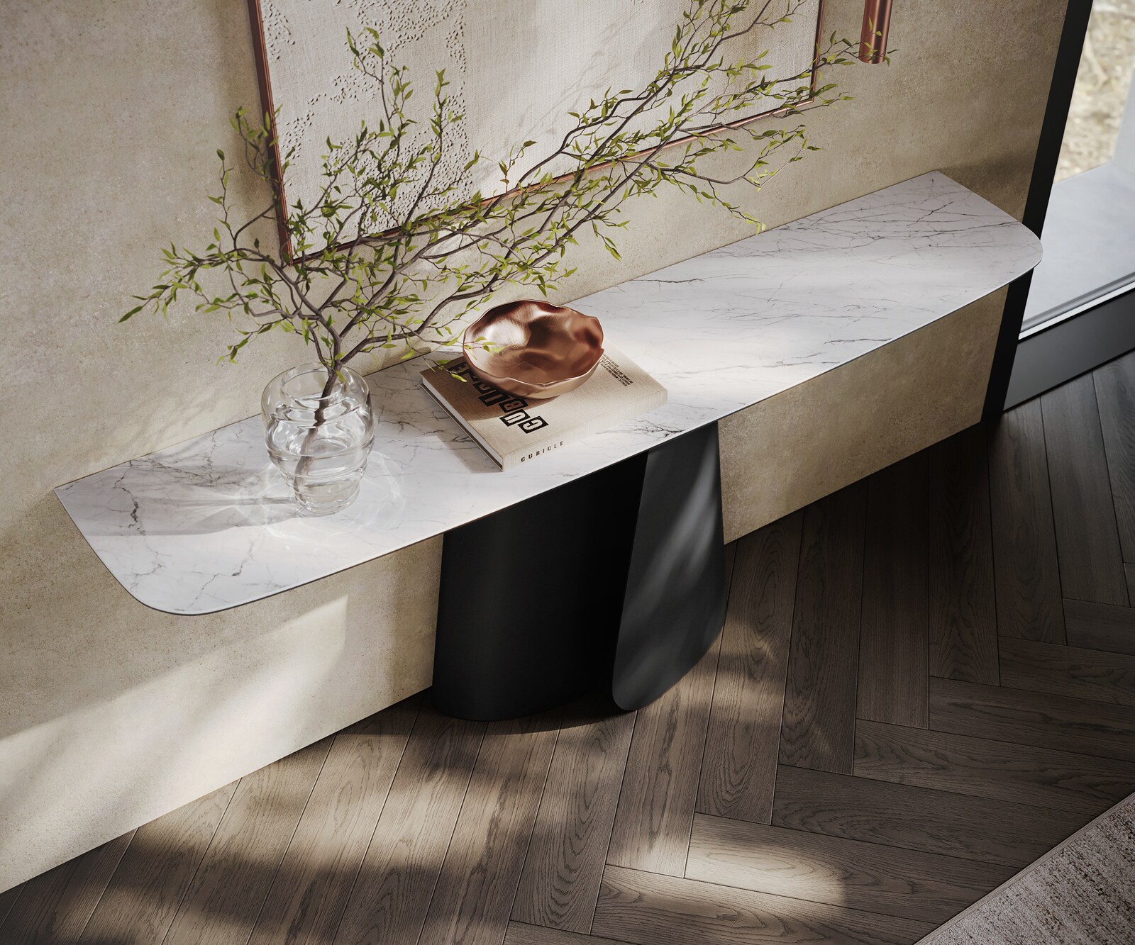 Console Edge forme bateau 180x40 cm Céramique Laminam® Statuarietto Weiß Livos Métal Noir 2