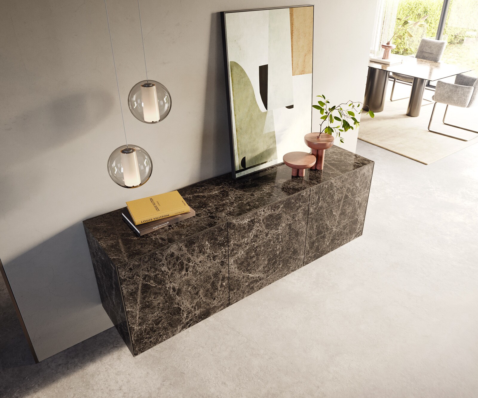 Buffet Cuor 180 cm Céramique Laminam® Emperador Extra Lucidato brun foncé 2 Portes 3 Tiroirs Flottant 4