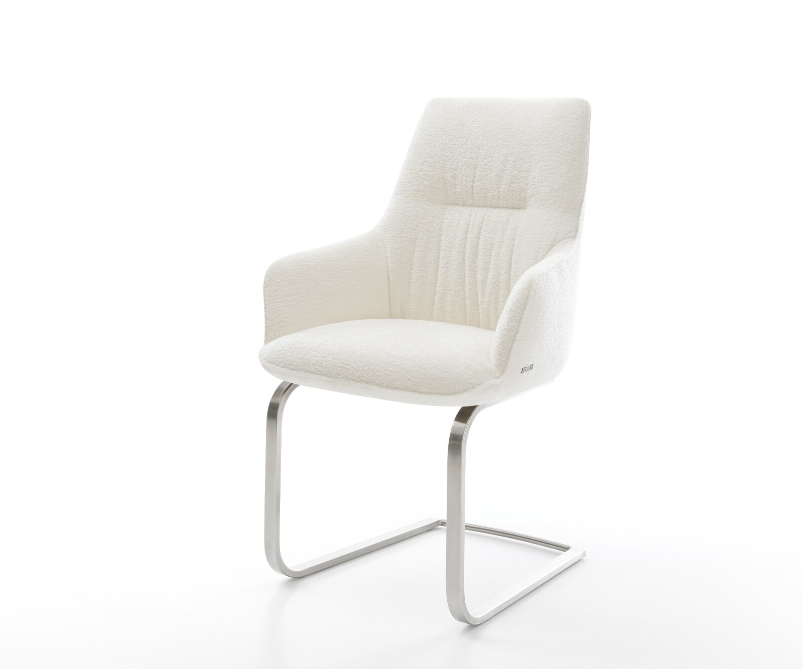 Cantilever Zelia-Flex avec accoudoirs bouclé doux beige pied cantilever plat acier inoxydable ressorts ensachés