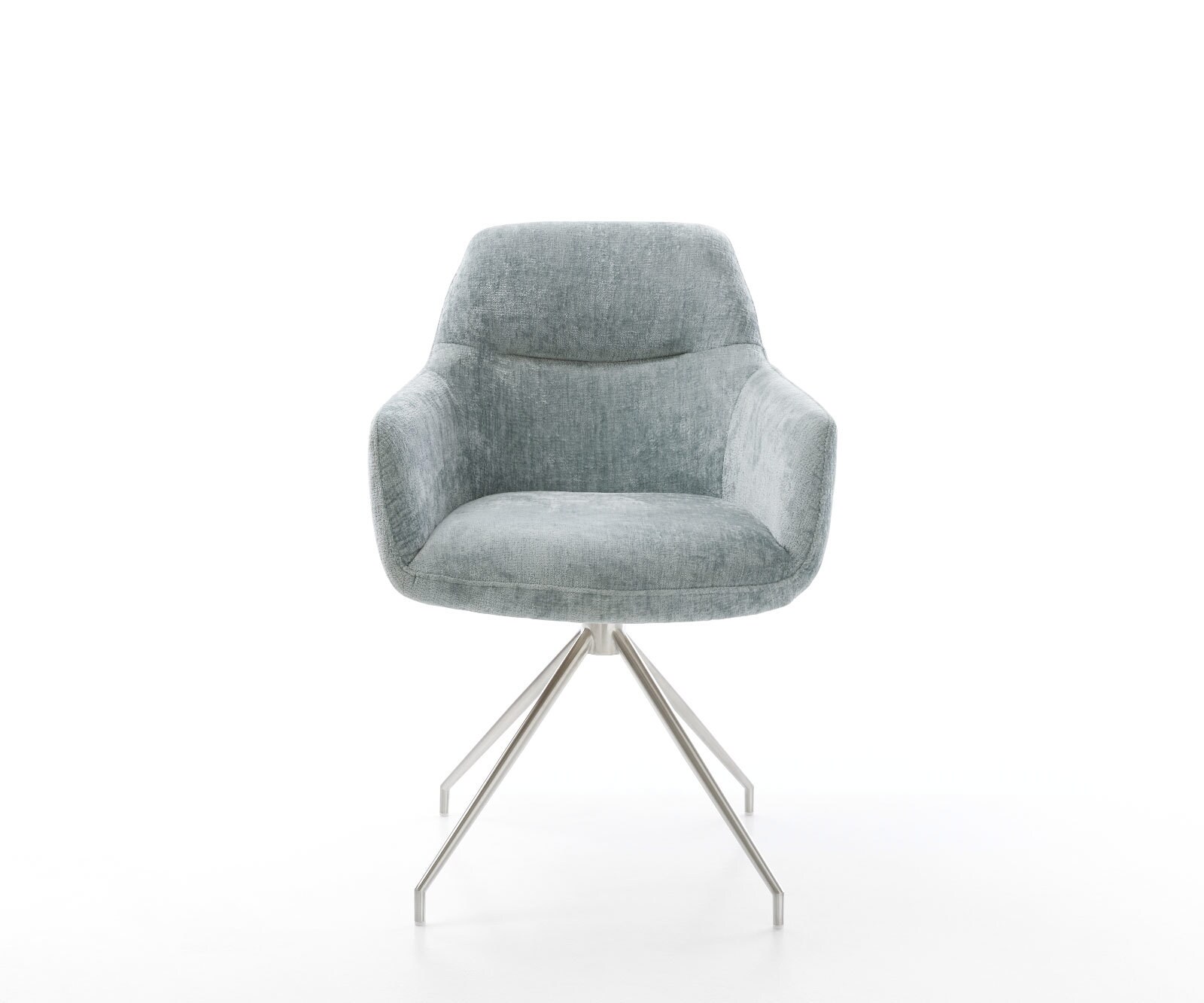 Chaise-pivotante Pejo-Flex chenille bleu pastel pied croisé conique acier inoxydable brossé pivotement sur 180° ressorts ensachés 1