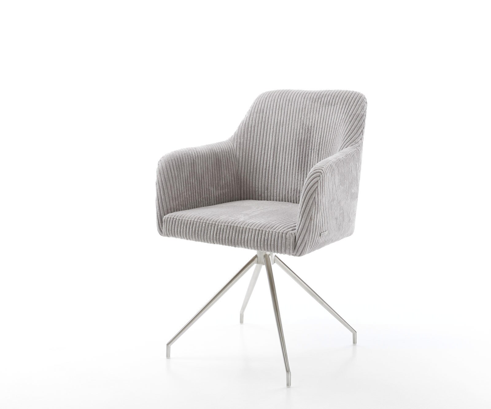 Chaise-de-salle-à-manger Greg-Flex côtelé gris argenté pied croisé conique acier inoxydable brossé ressorts ensachés