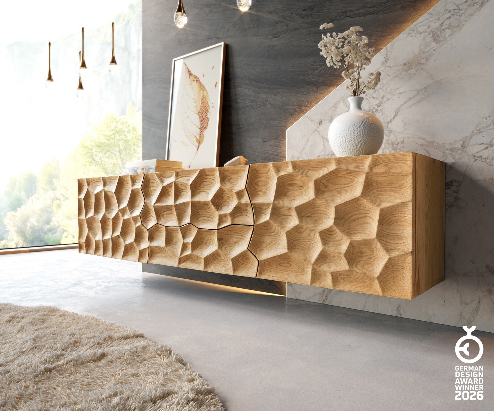 Meuble TV Solu 175 cm en chêne naturel 2 portes 2 tiroirs Fixation murale motif 3D 1