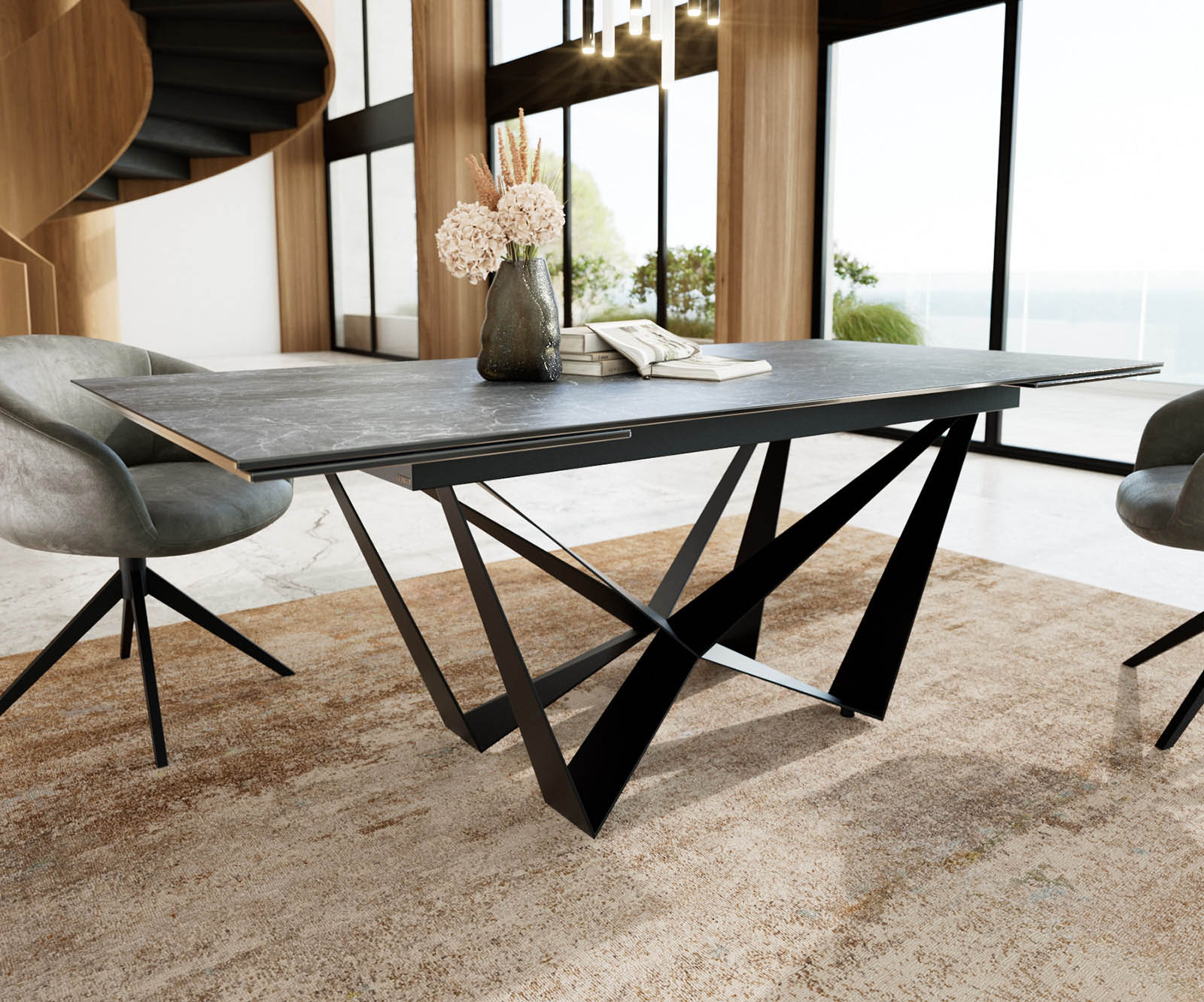 Table à manger Edge 200-300x100 céramique Laminam®Nero Greco gris Spider acier plat noir extensible 3