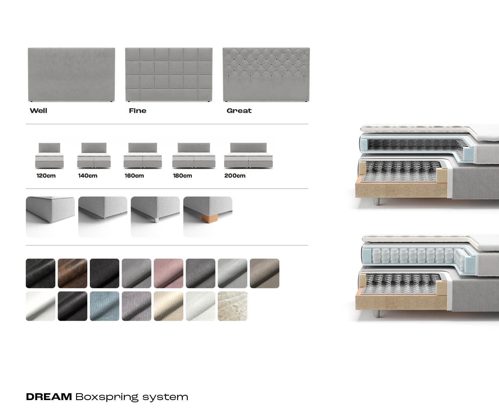 Lit à sommier tapissier Dream-Well Cordon gris argenté 200x200 cm avec matelas à ressorts ensachés et surmatelas viscoélastique 7