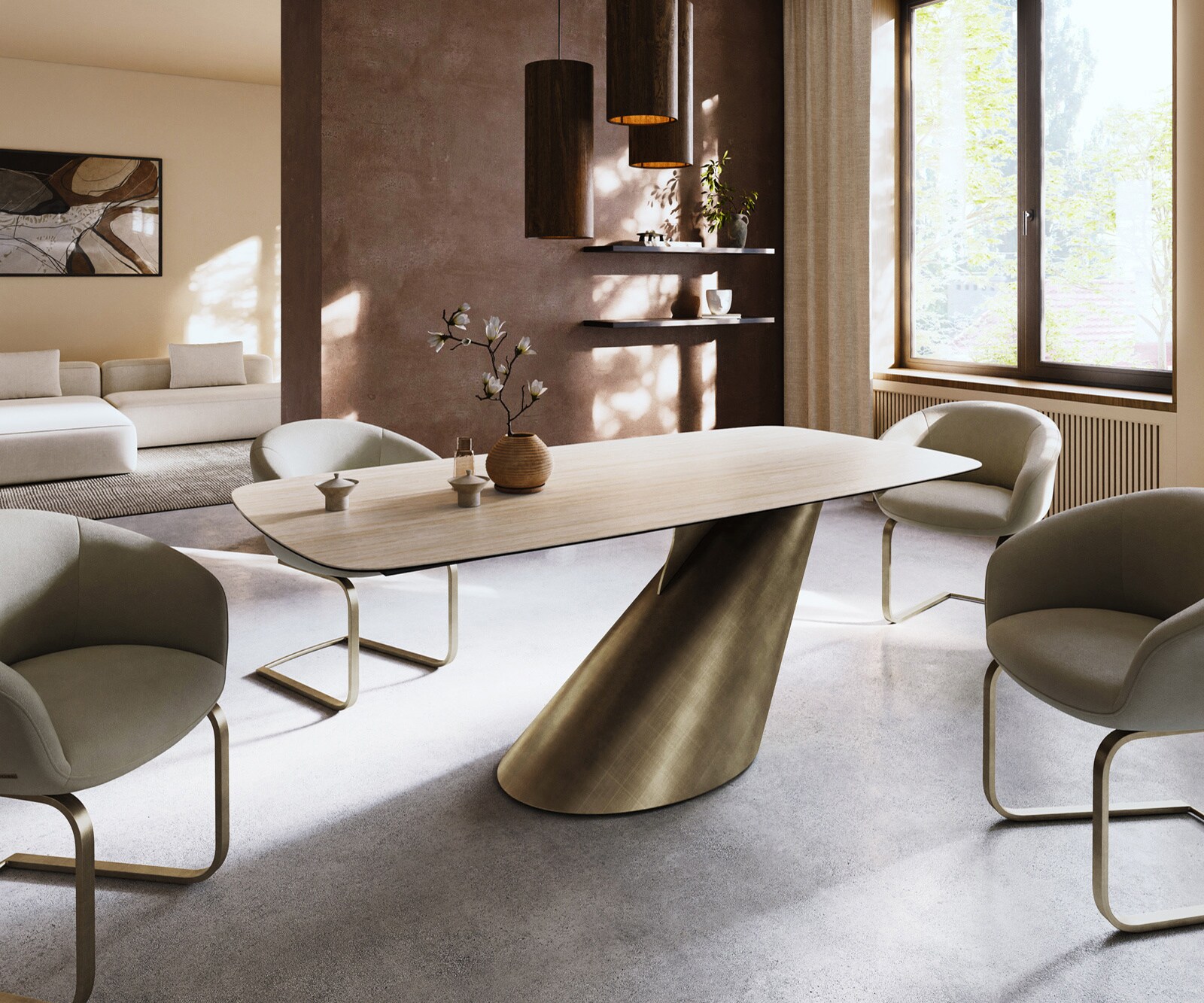 Table à manger Edge Boot 200x100 céramique Laminam® Travertino Bianco crème-blanc Cono métallique doré 1