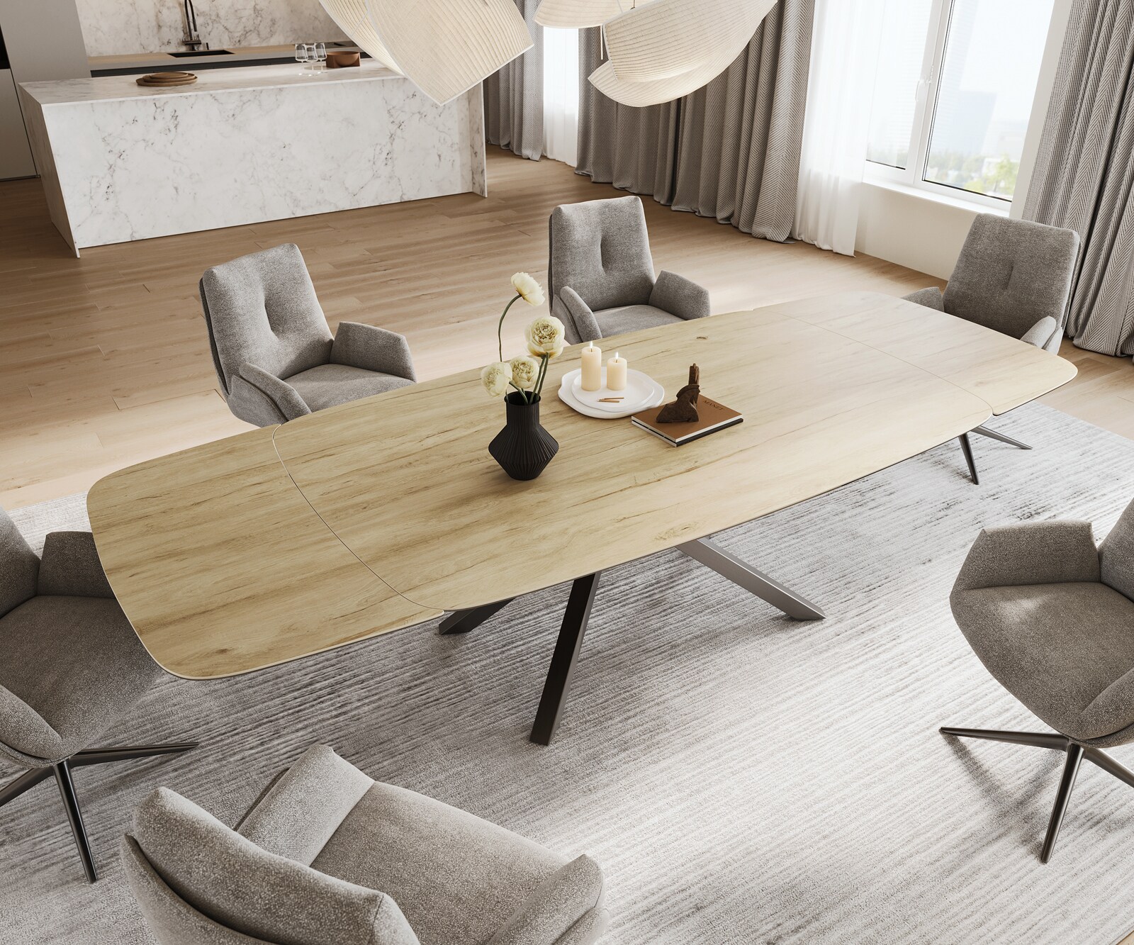 Table à manger Edge Boot 200-300x120 cm Céramique Laminam® Sabbia Eichefarbig piètement en croix Rectangle Acier inoxydable Graphite extensible 4