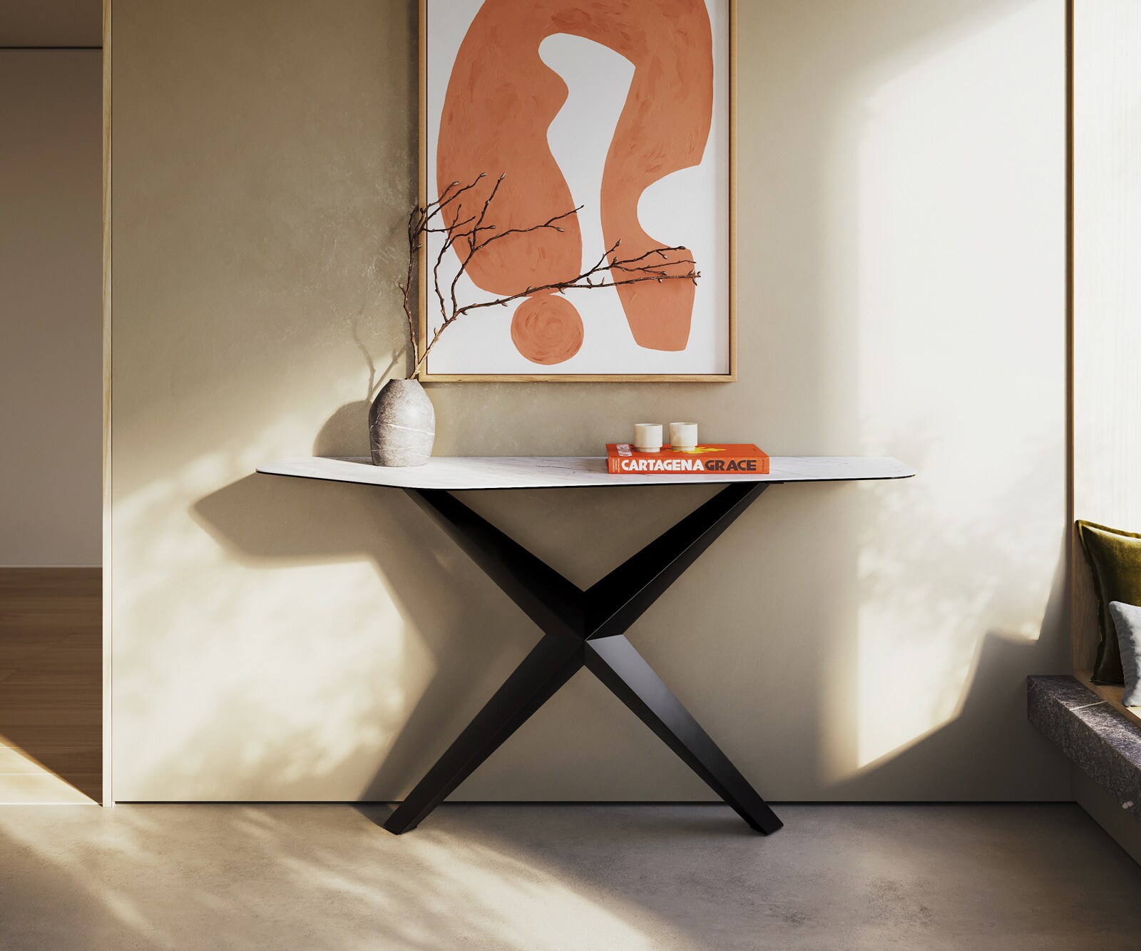 Console Edge Polygonal 140x50 cm Céramique Laminam® Statuarietto Weiß Zentharo Métal Noir 1