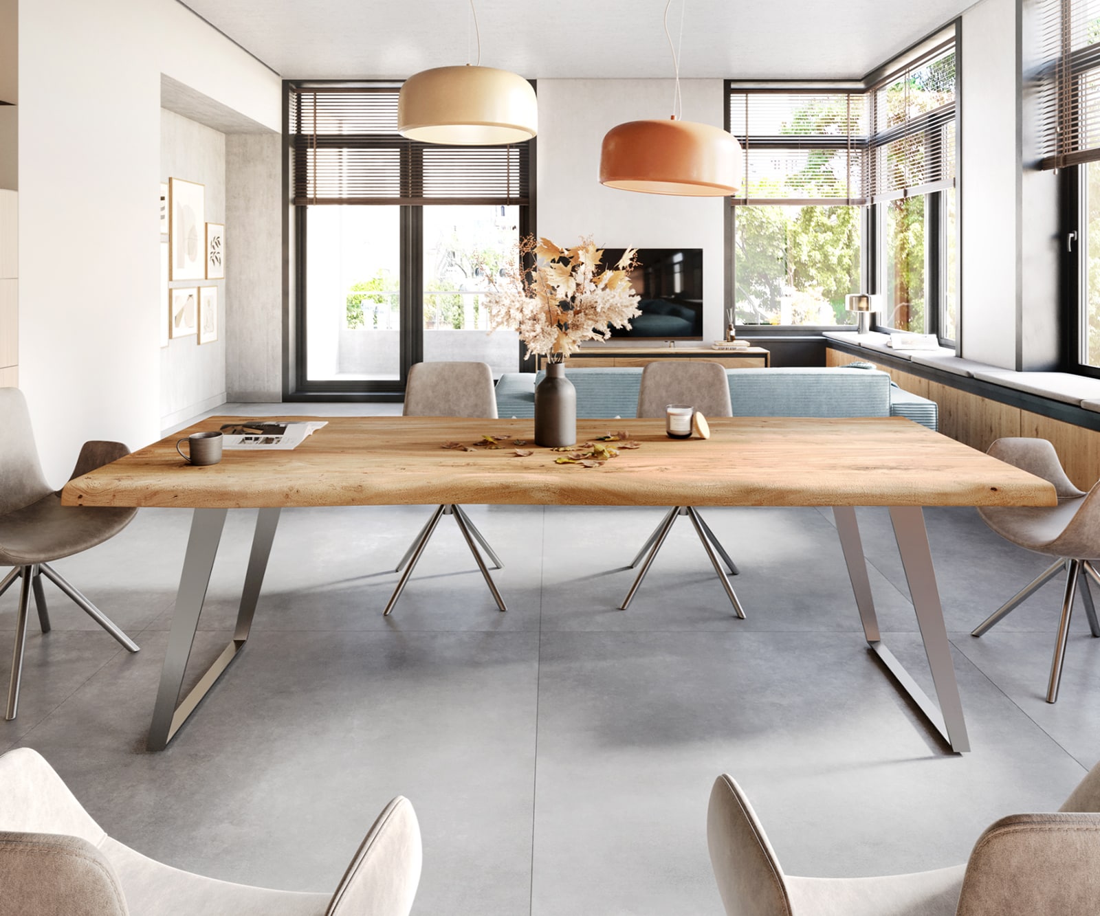 Table à manger Edge 280x100 XL acacia nature acier inoxydable inclinée Live-Edge 2