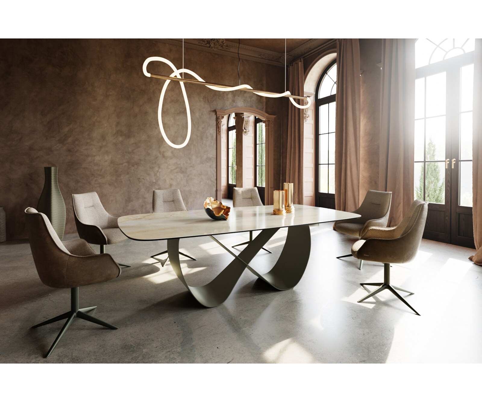 Table à manger Edge Boot 240x120 cm Céramique Iris FMG Onice Oro Infinity Métal Finition effet Titan 6