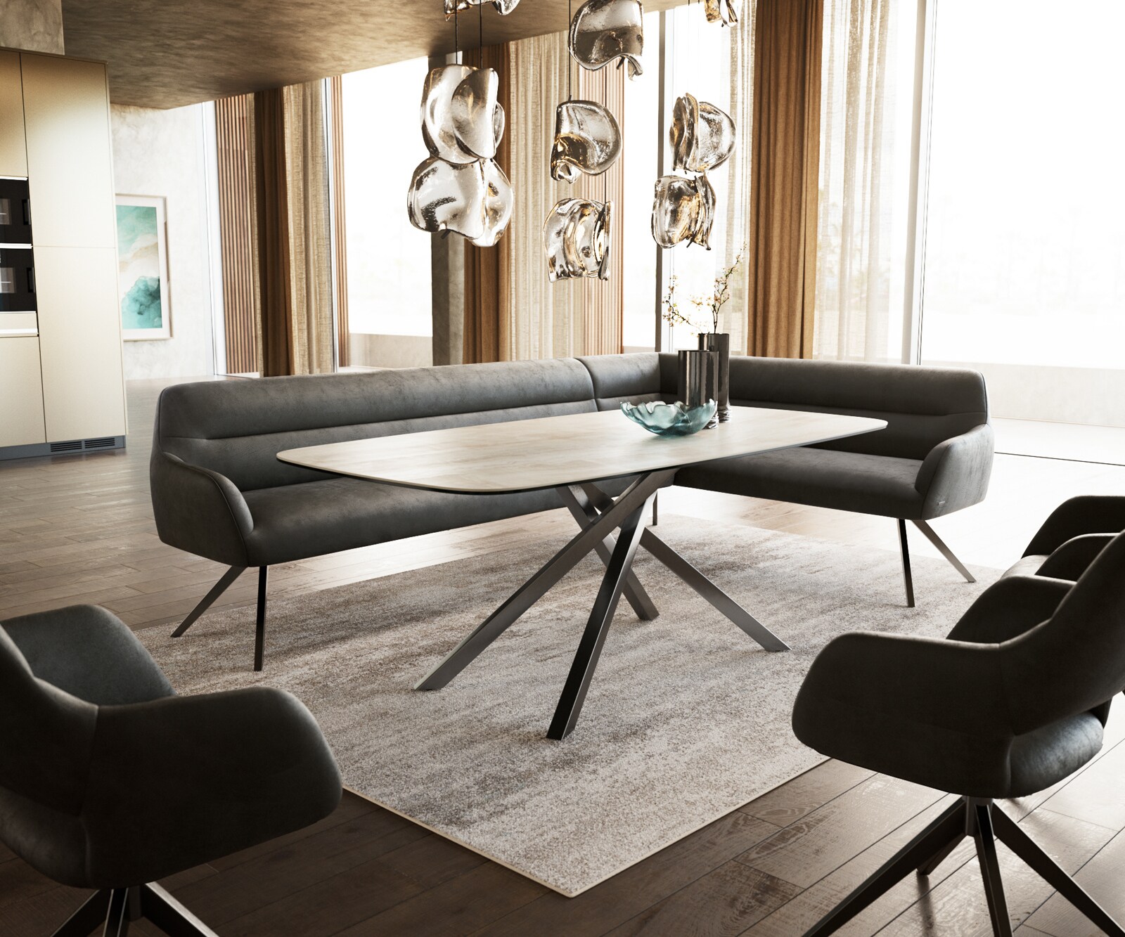 Banc-de-salle-à-manger Taya-Flex 285x190 cm microfibre antracite vintage pied croisé angulaire grafiete ressort ensaché liens 1