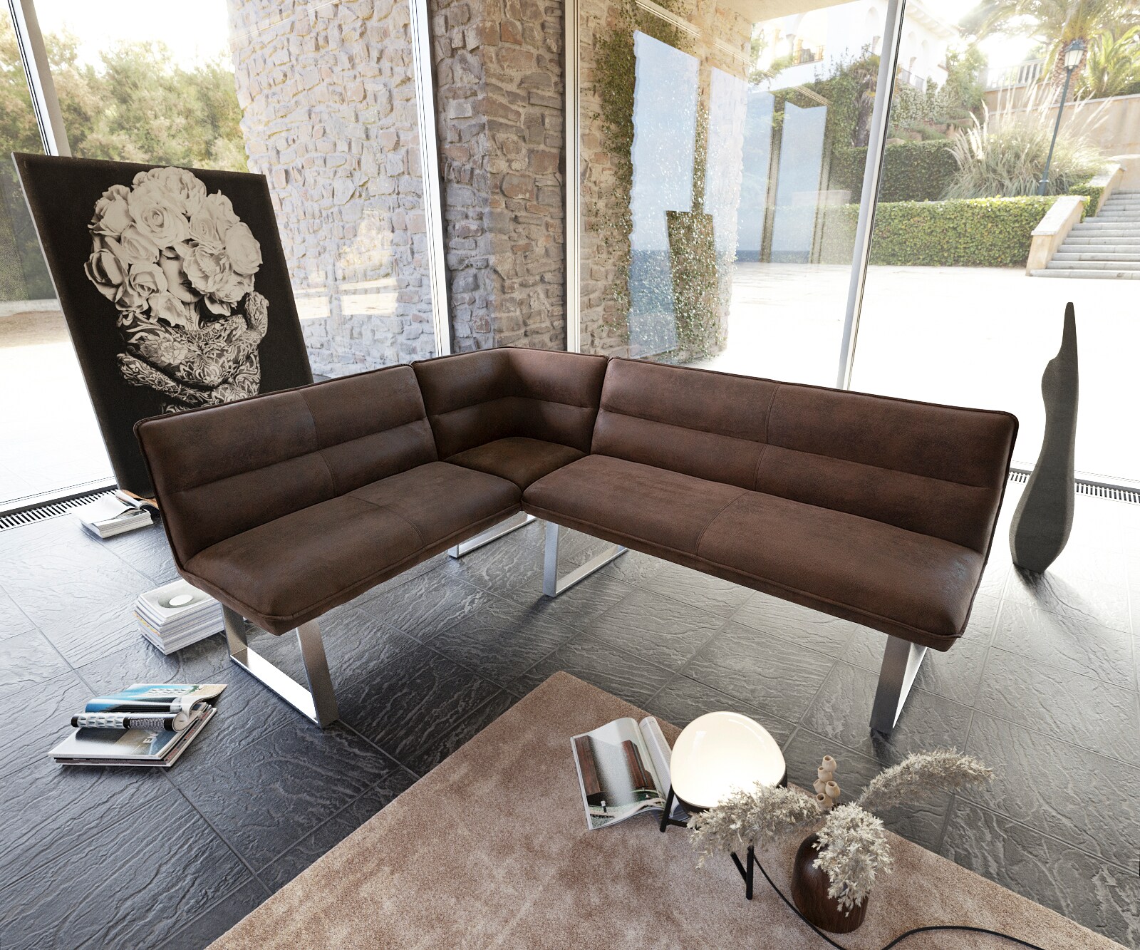 Banc-d'angle Salvo 200x160 cm structure inoxydable vintage marron variable 1