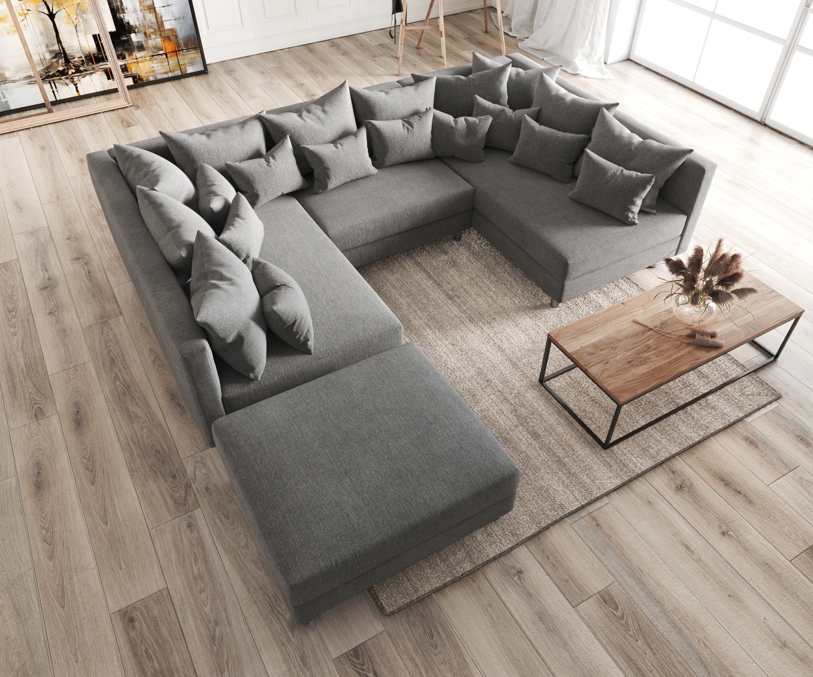 Canapé-panoramique modulable Clovis gris salon tissu plat tabouret   4 Canapé-panoramique modulable Clovis gris salon tissu plat tabouret   4