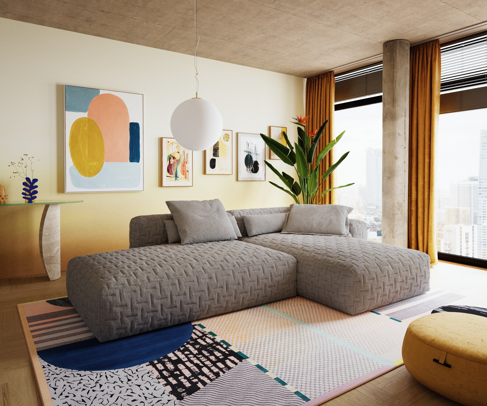 Canapé d'angle Freestyle 310x200 cm Tissu structuré doux Gris matelassé 1