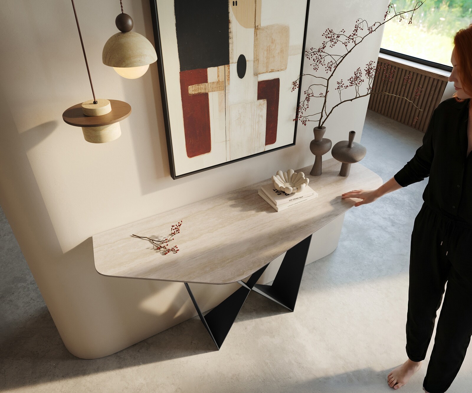 Console Edge Polygonal 140x50 cm Céramique Laminam® Travertino Bianco Creme-Weiß Spios Métal Noir 1