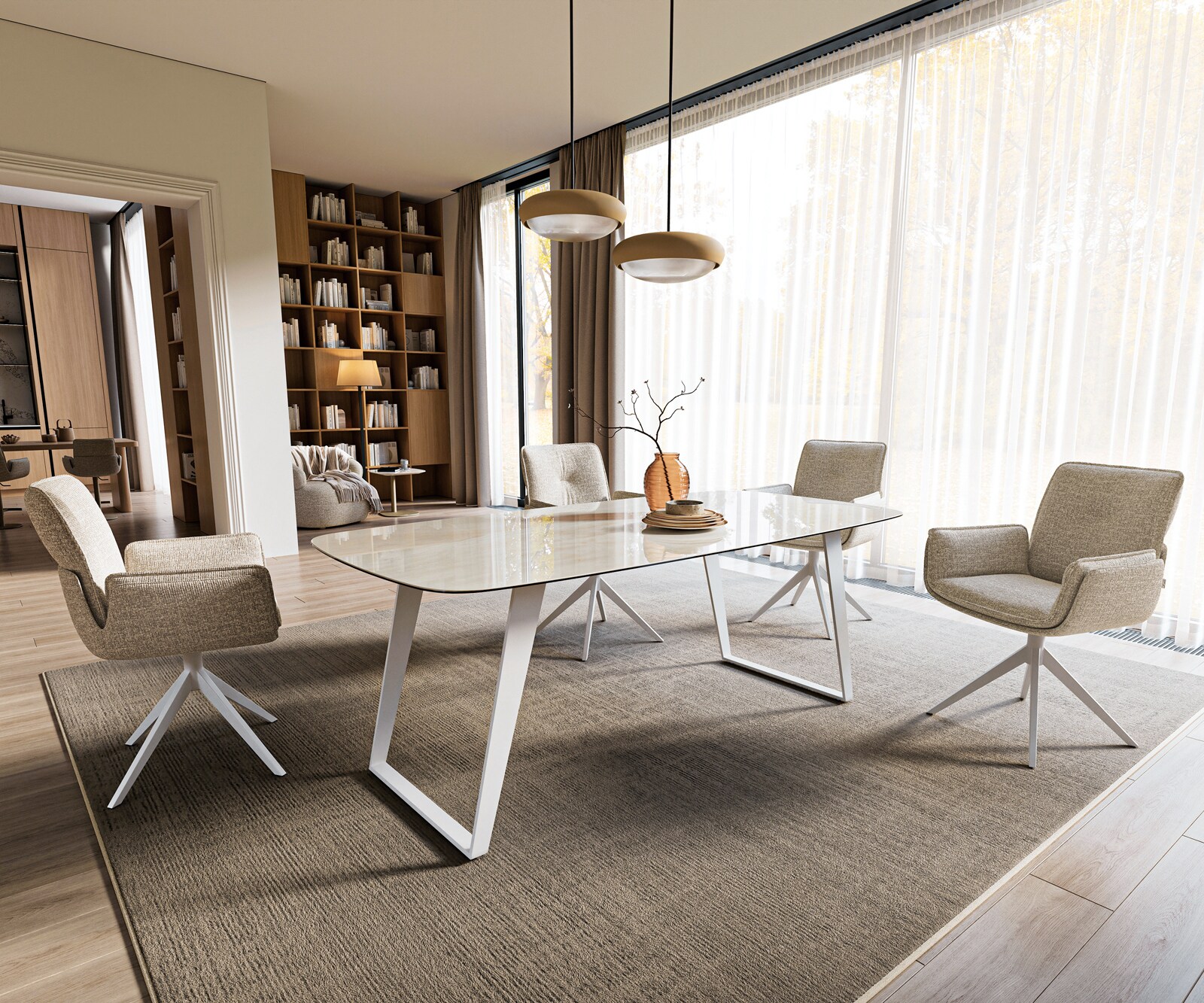 Table à manger Edge bateau 200x100 cm céramique Onyx Champagne piètement incliné métal blanc 6