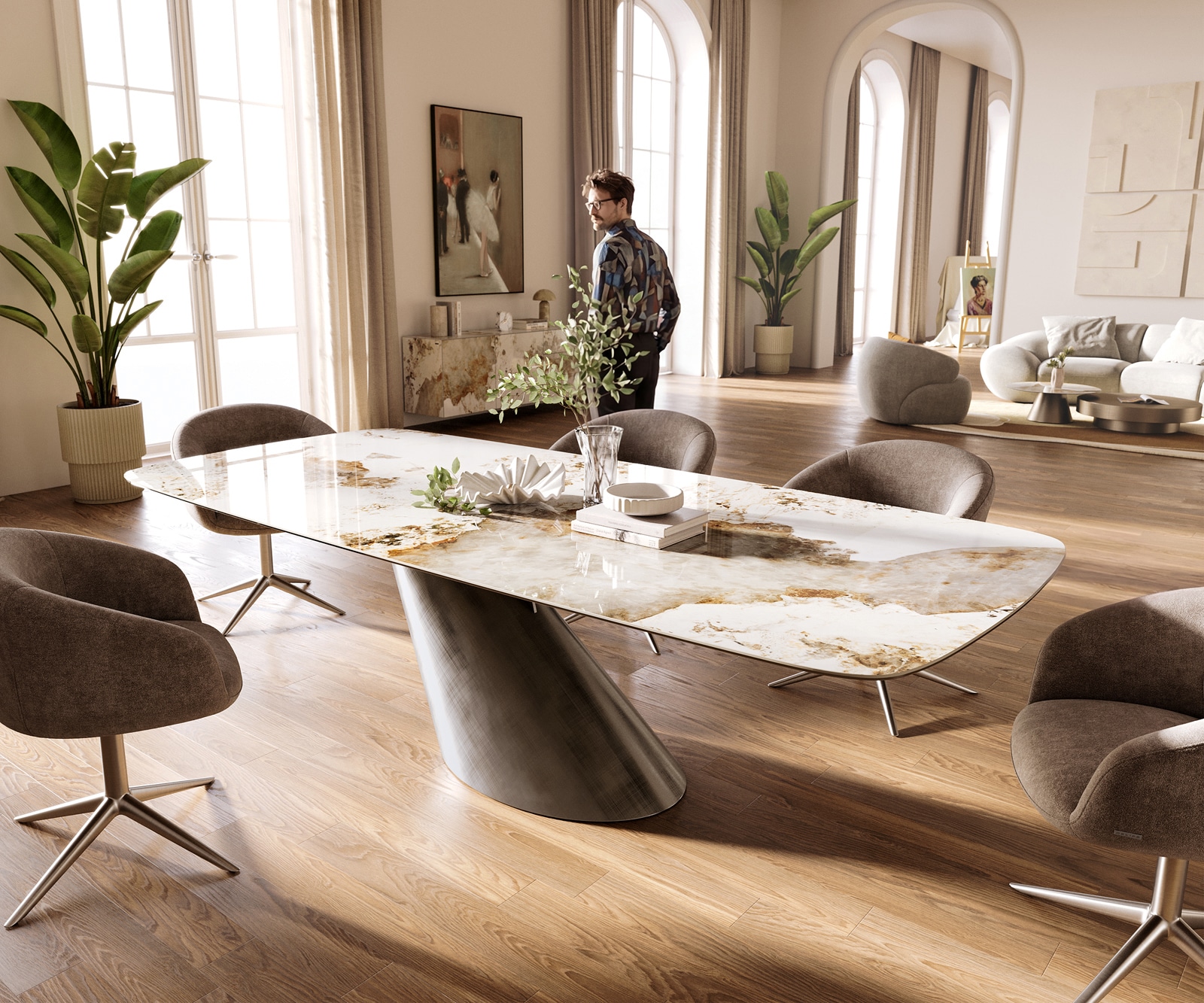 Table à manger Edge Boot 260x120 cm Céramique Minas Melange Blanc-Beige Cono Métalic Argent 1