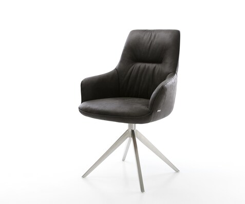 Chaise-pivotante Zelia-Flex avec accoudoirs microfibre antracite vintage pied croisé large acier inoxydable pivotement sur 360° fonction bascule ressorts ensachés