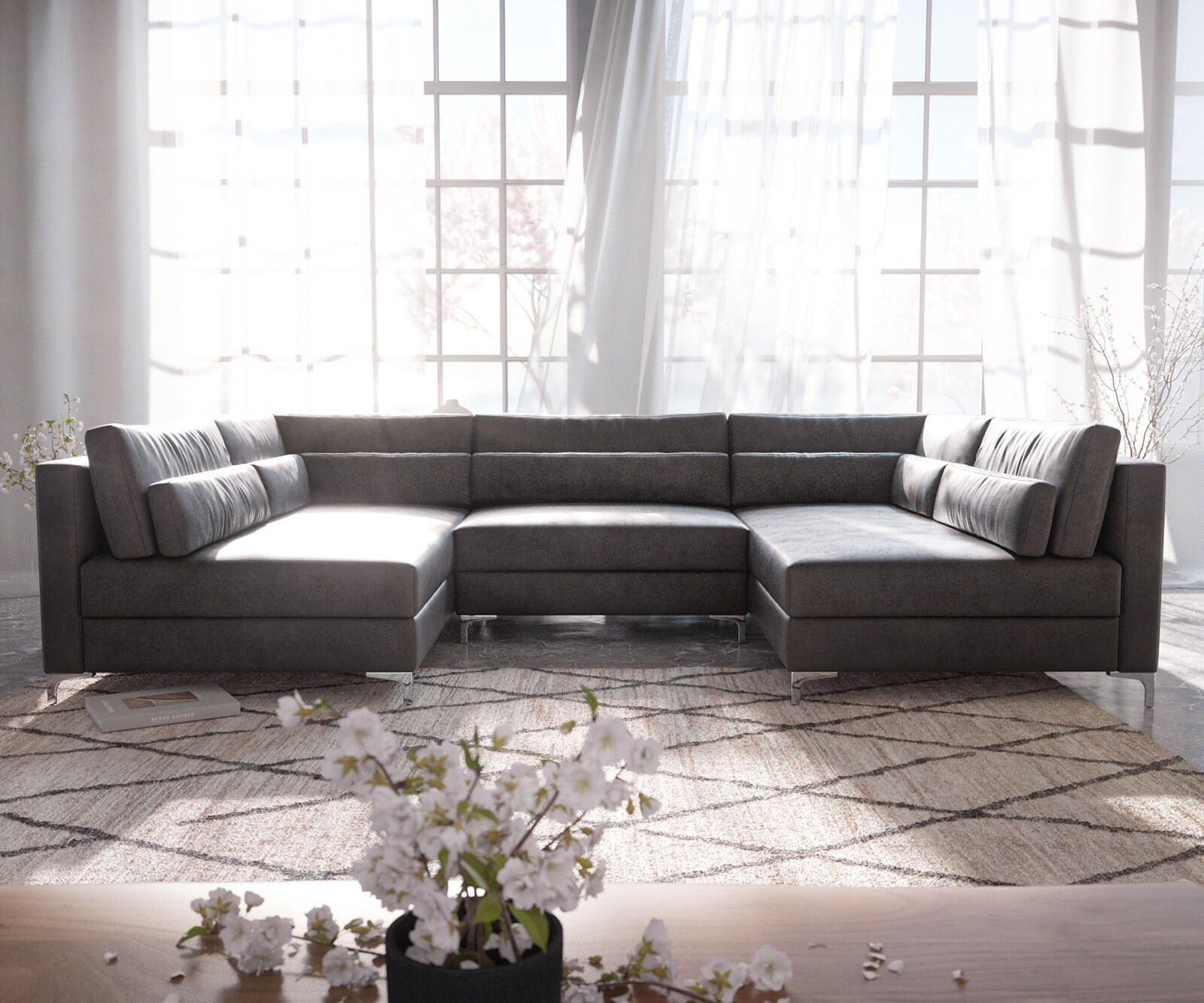 Canapé-panoramique Elio 300x185 cm similicuir vintage anthracite avec pouf 1